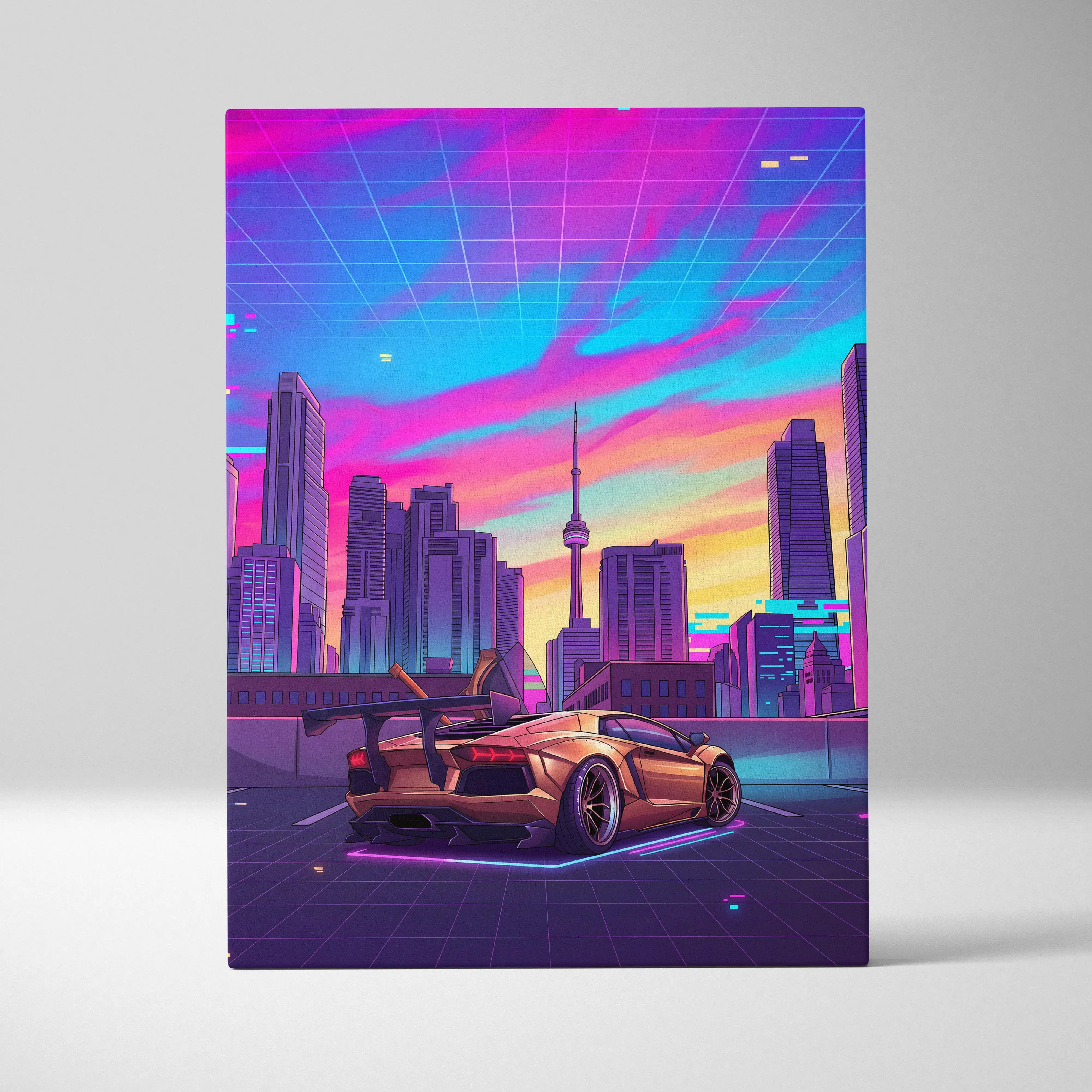 Lamborghini aventador inspired gold canvas wall art featuring a neon pink and blue cyberpunk cityscape with purple glowing sports car