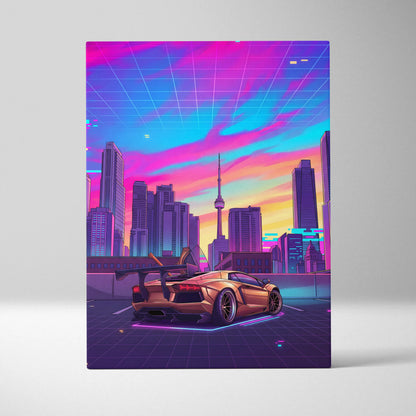 Lamborghini Aventador Inspired Gold Purple Canvas Wall Art, Vaporwave Supercar Artwork, Neon City Skyline Decor, Retro Futuristic Exotic Car Print