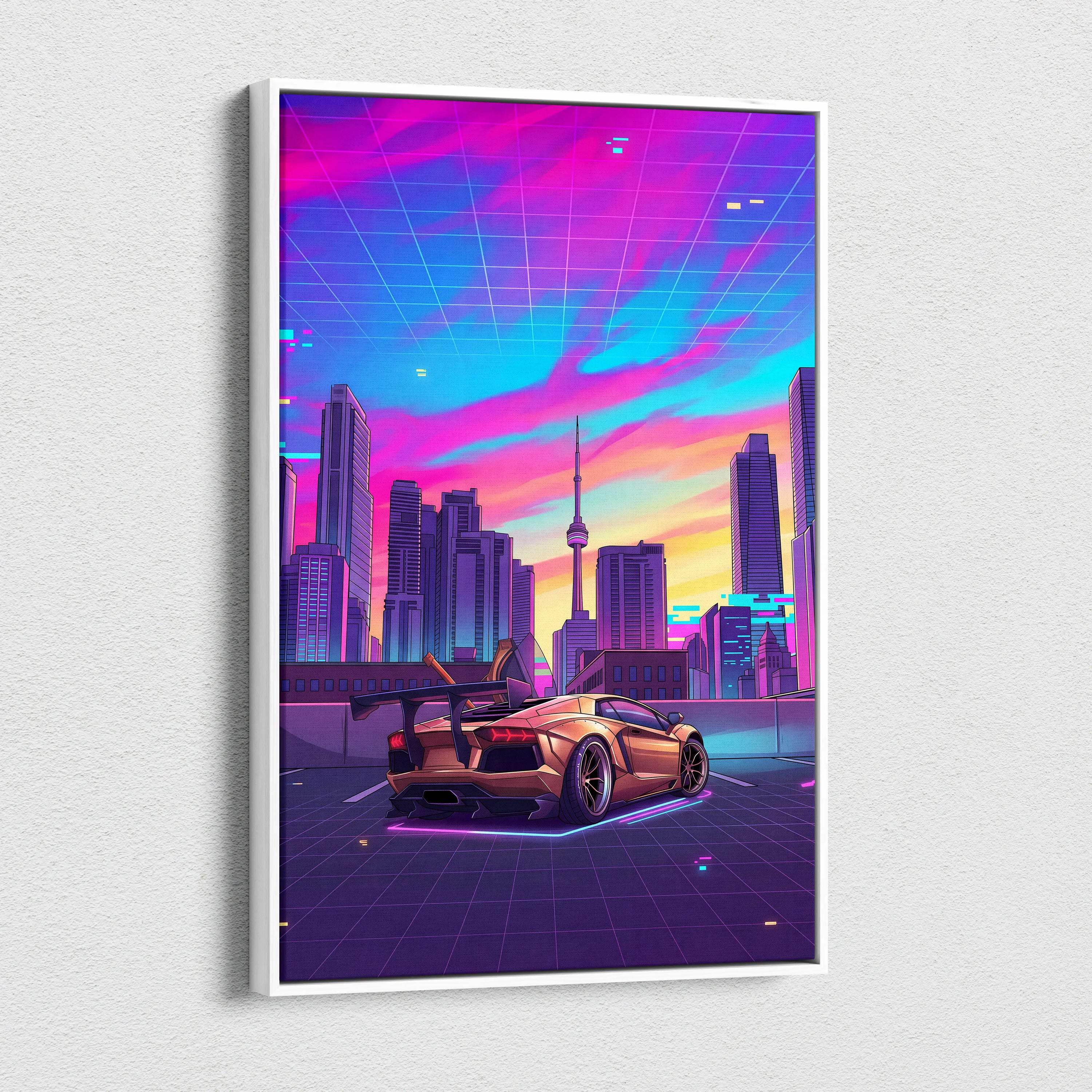 Lamborghini Aventador Inspired Gold Purple Canvas Wall Art, Vaporwave Supercar Artwork, Neon City Skyline Decor, Retro Futuristic Exotic Car Print