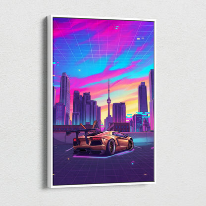 Lamborghini Aventador Inspired Gold Purple Canvas Wall Art, Vaporwave Supercar Artwork, Neon City Skyline Decor, Retro Futuristic Exotic Car Print