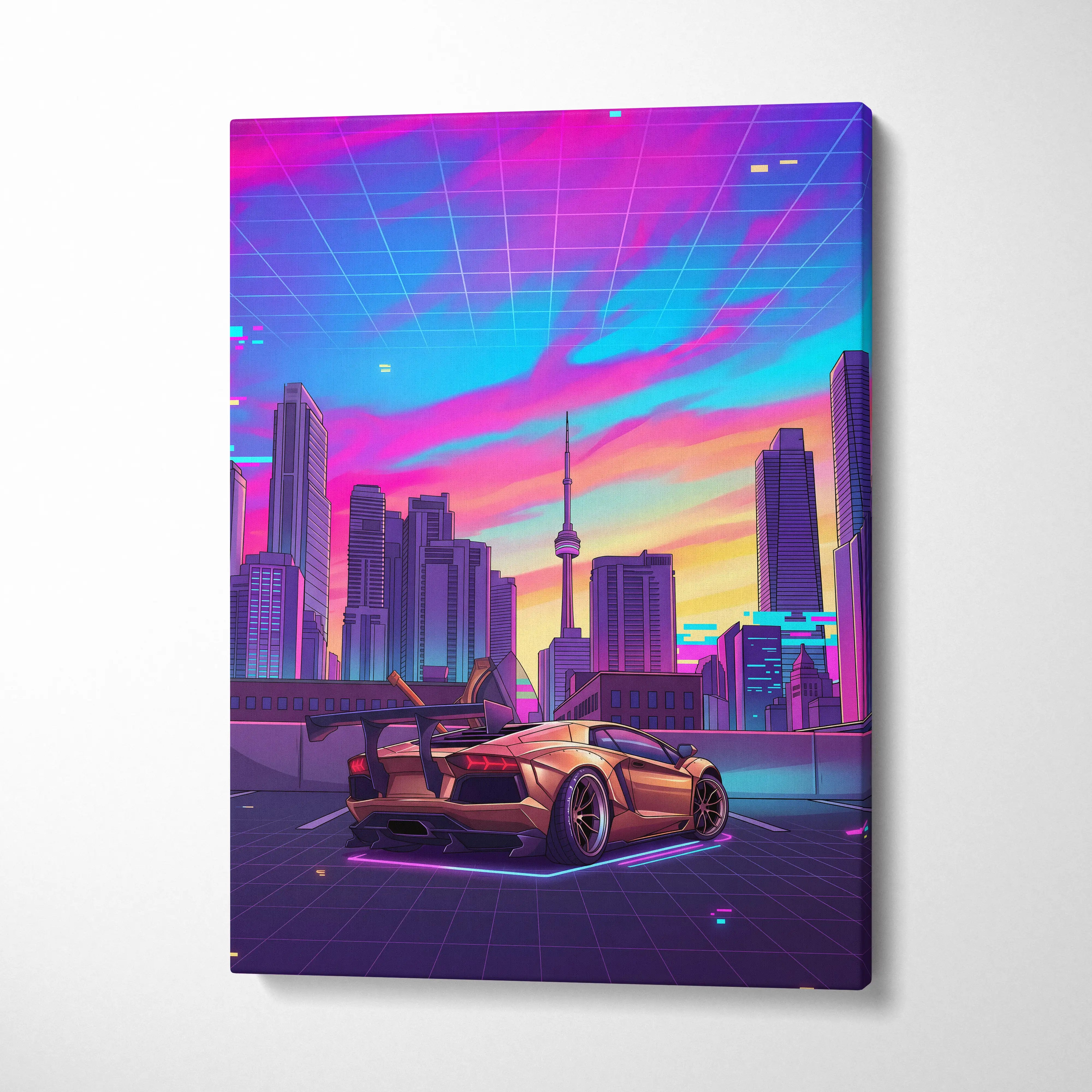Lamborghini Aventador Inspired Gold Purple Canvas Wall Art, Vaporwave Supercar Artwork, Neon City Skyline Decor, Retro Futuristic Exotic Car Print