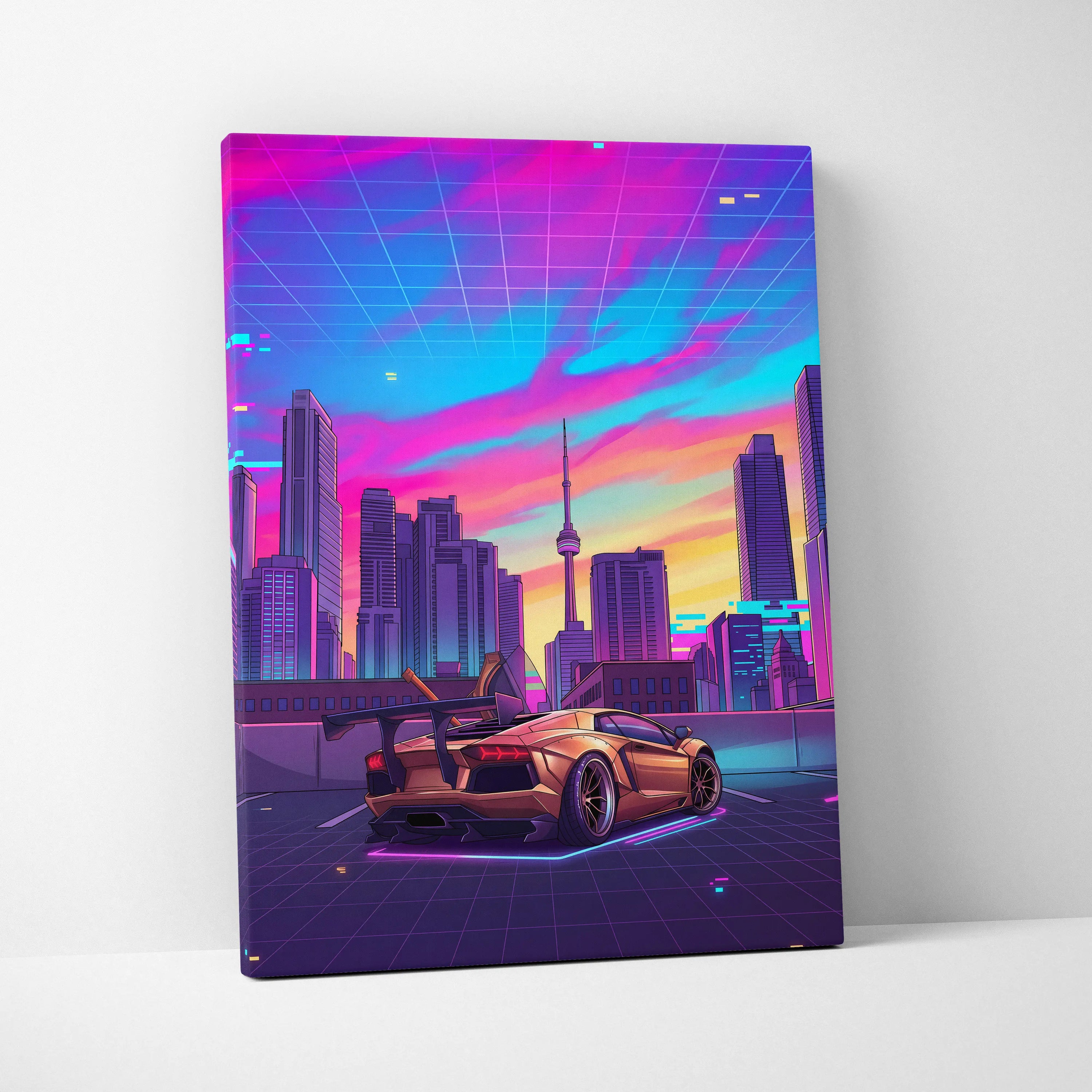 Lamborghini Aventador Inspired Gold Purple Canvas Wall Art, Vaporwave Supercar Artwork, Neon City Skyline Decor, Retro Futuristic Exotic Car Print