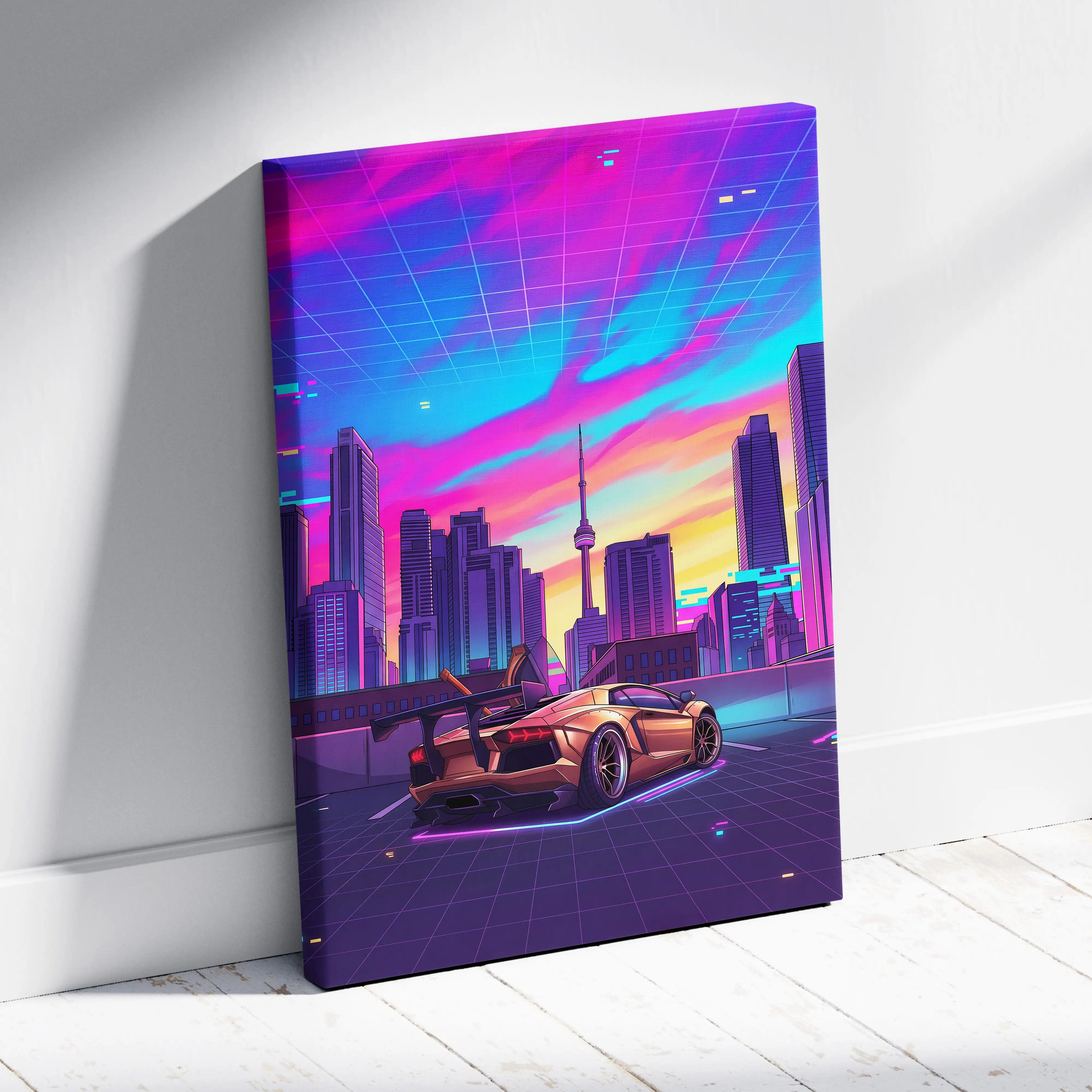 Lamborghini Aventador Inspired Gold Purple Canvas Wall Art, Vaporwave Supercar Artwork, Neon City Skyline Decor, Retro Futuristic Exotic Car Print