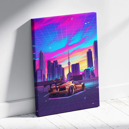 Lamborghini Aventador Inspired Gold Purple Canvas Wall Art, Vaporwave Supercar Artwork, Neon City Skyline Decor, Retro Futuristic Exotic Car Print