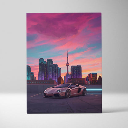 Lamborghini Aventador Inspired Pink Purple Canvas Wall Art, Vaporwave Supercar Artwork, Neon City Skyline Decor, Retro Futuristic Exotic Car Print
