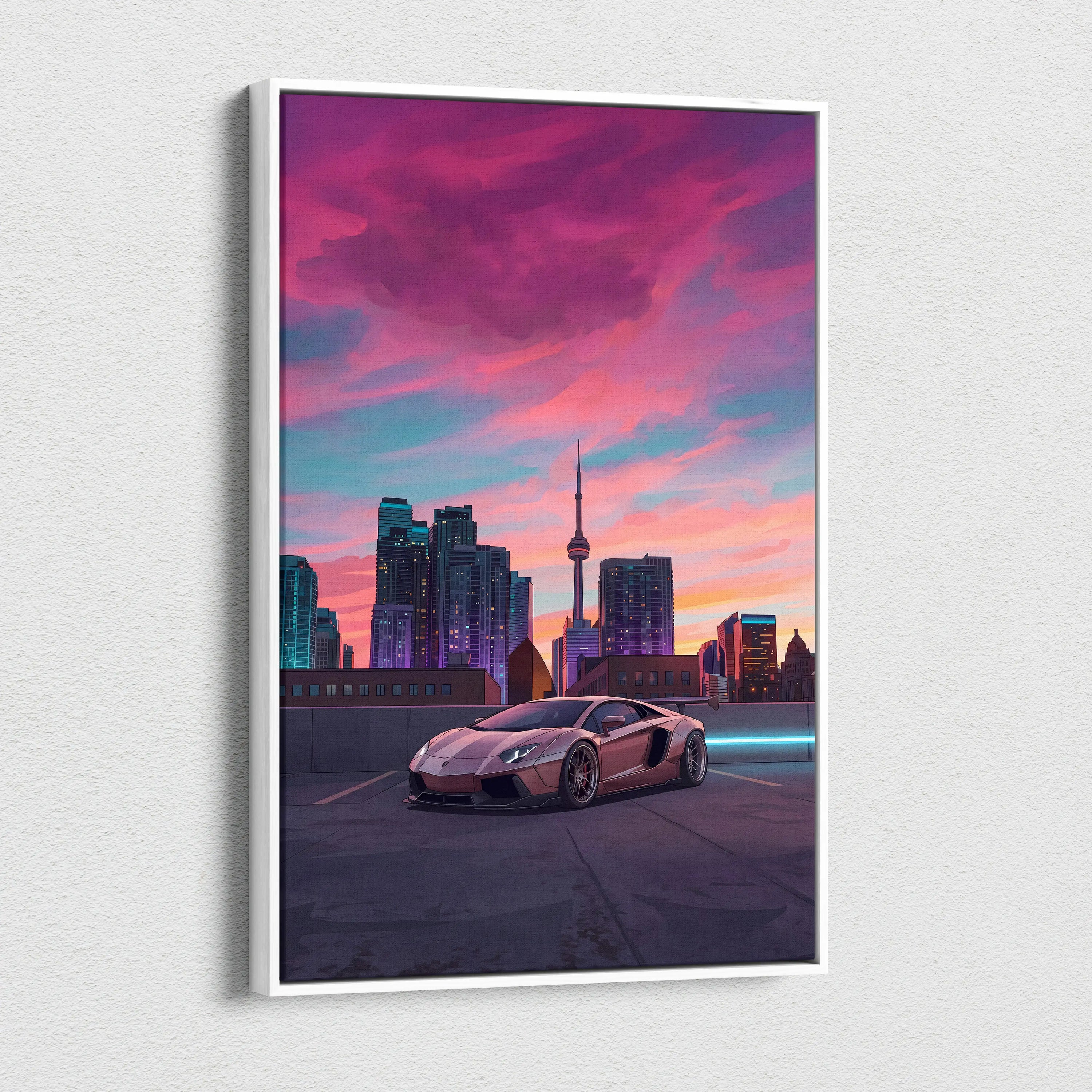 Lamborghini Aventador Inspired Pink Purple Canvas Wall Art, Vaporwave Supercar Artwork, Neon City Skyline Decor, Retro Futuristic Exotic Car Print