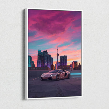 Lamborghini Aventador Inspired Pink Purple Canvas Wall Art, Vaporwave Supercar Artwork, Neon City Skyline Decor, Retro Futuristic Exotic Car Print