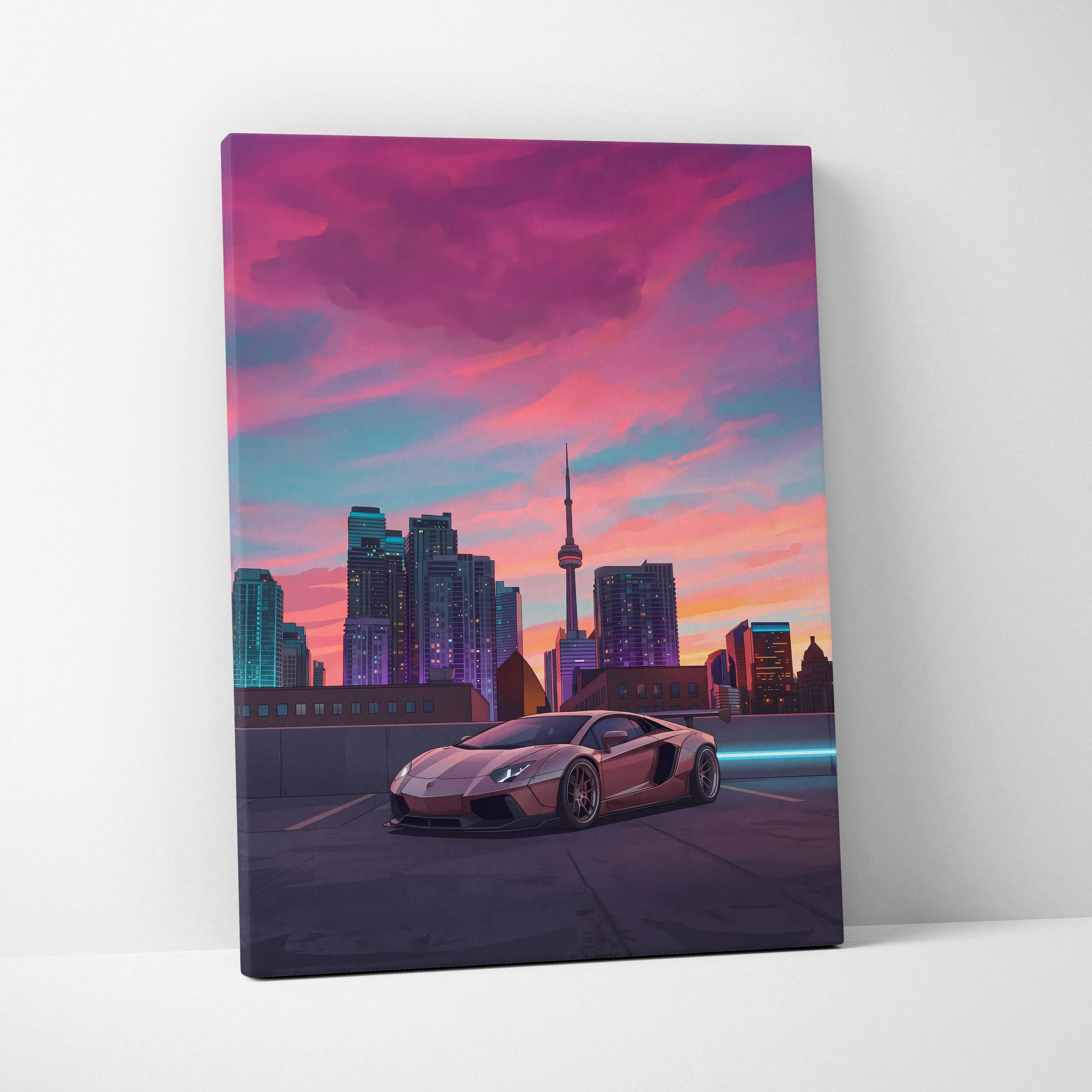 Lamborghini Aventador Inspired Pink Purple Canvas Wall Art, Vaporwave Supercar Artwork, Neon City Skyline Decor, Retro Futuristic Exotic Car Print