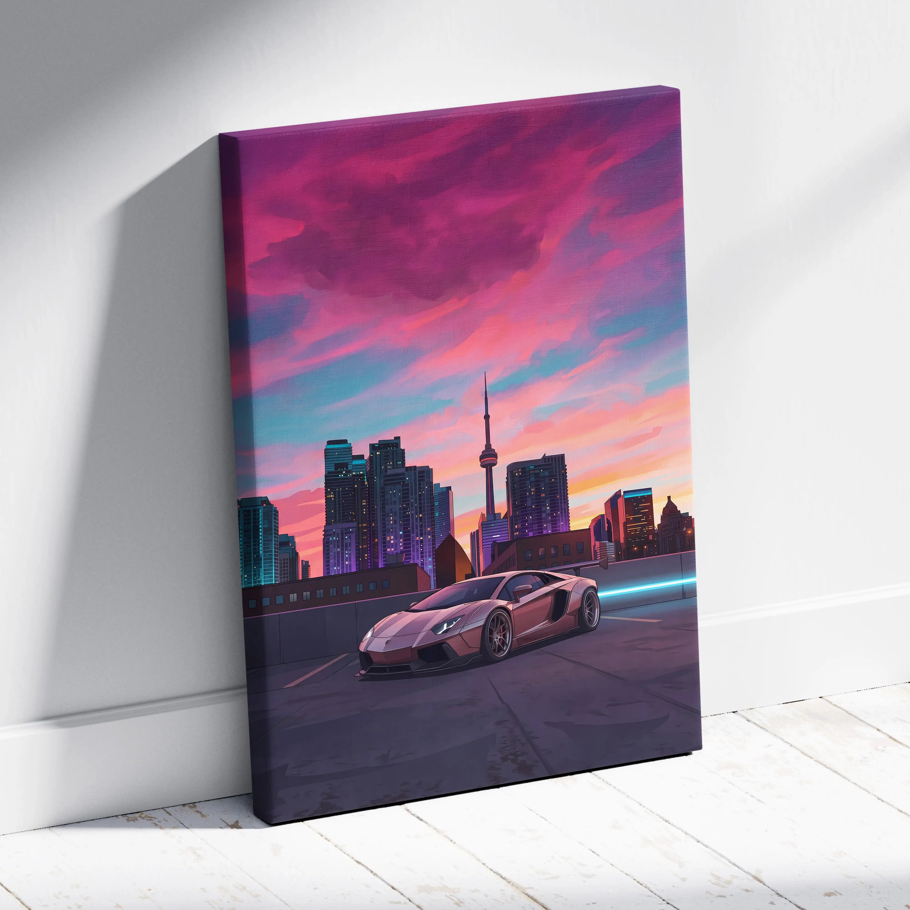 Lamborghini Aventador Inspired Pink Purple Canvas Wall Art, Vaporwave Supercar Artwork, Neon City Skyline Decor, Retro Futuristic Exotic Car Print
