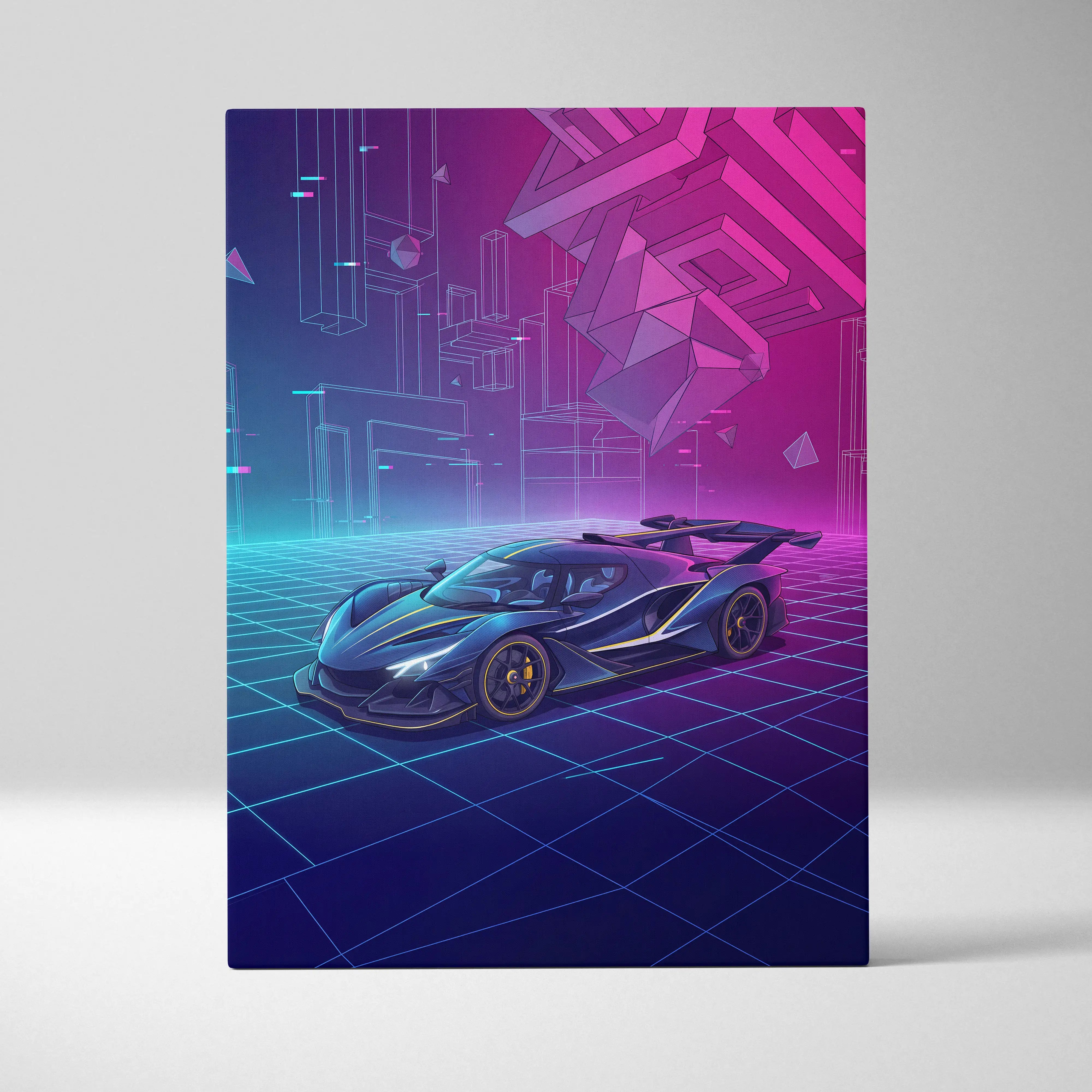 A sleek dark blue apollo intensa inspired hypercar with glowing yellow accents in a neon pink purple vaporwave canvas print