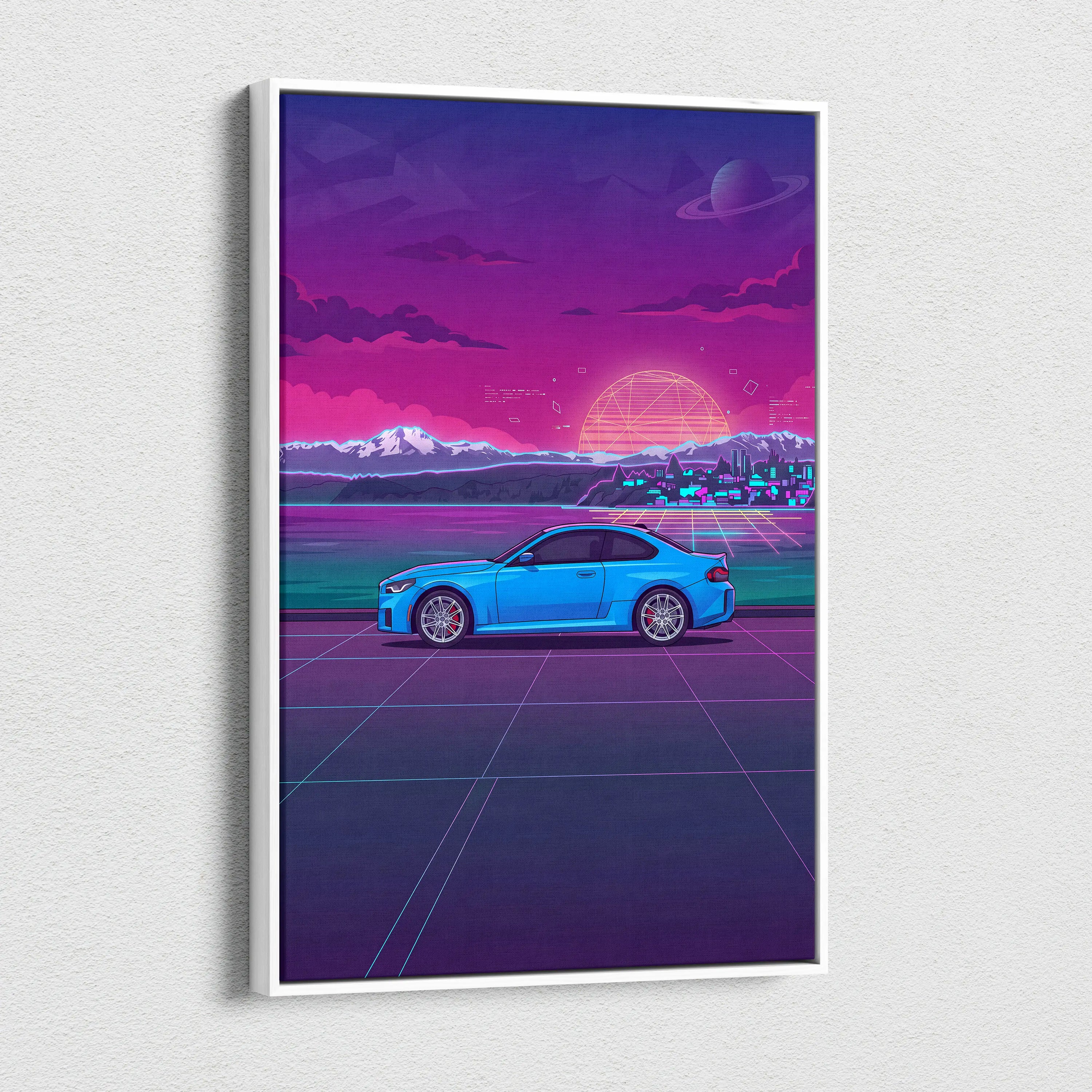 BMW M2 Inspired Vaporwave Car Canvas - Car Neon Purple Pink Blue Living Room Vaporwave Nostalgic Neon Glow Cityscape Grid Canvas Print