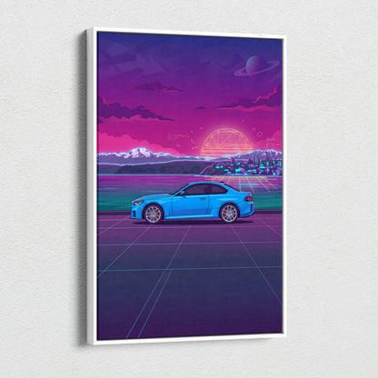 BMW M2 Inspired Vaporwave Car Canvas - Car Neon Purple Pink Blue Living Room Vaporwave Nostalgic Neon Glow Cityscape Grid Canvas Print