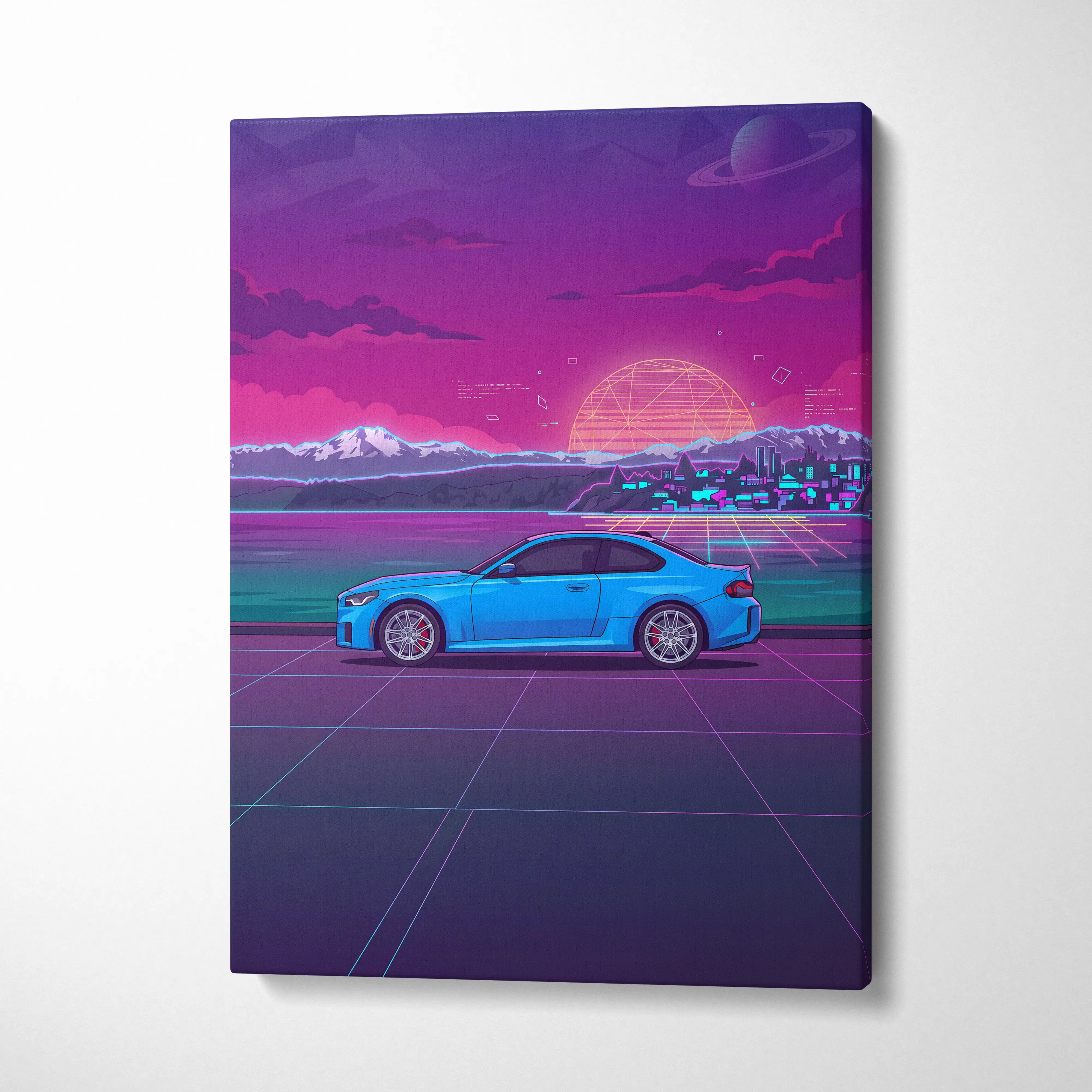 BMW M2 Inspired Vaporwave Car Canvas - Car Neon Purple Pink Blue Living Room Vaporwave Nostalgic Neon Glow Cityscape Grid Canvas Print