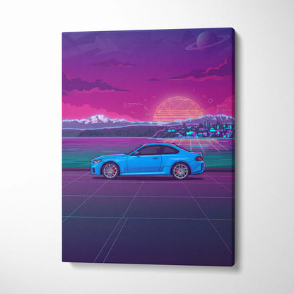 BMW M2 Inspired Vaporwave Car Canvas - Car Neon Purple Pink Blue Living Room Vaporwave Nostalgic Neon Glow Cityscape Grid Canvas Print