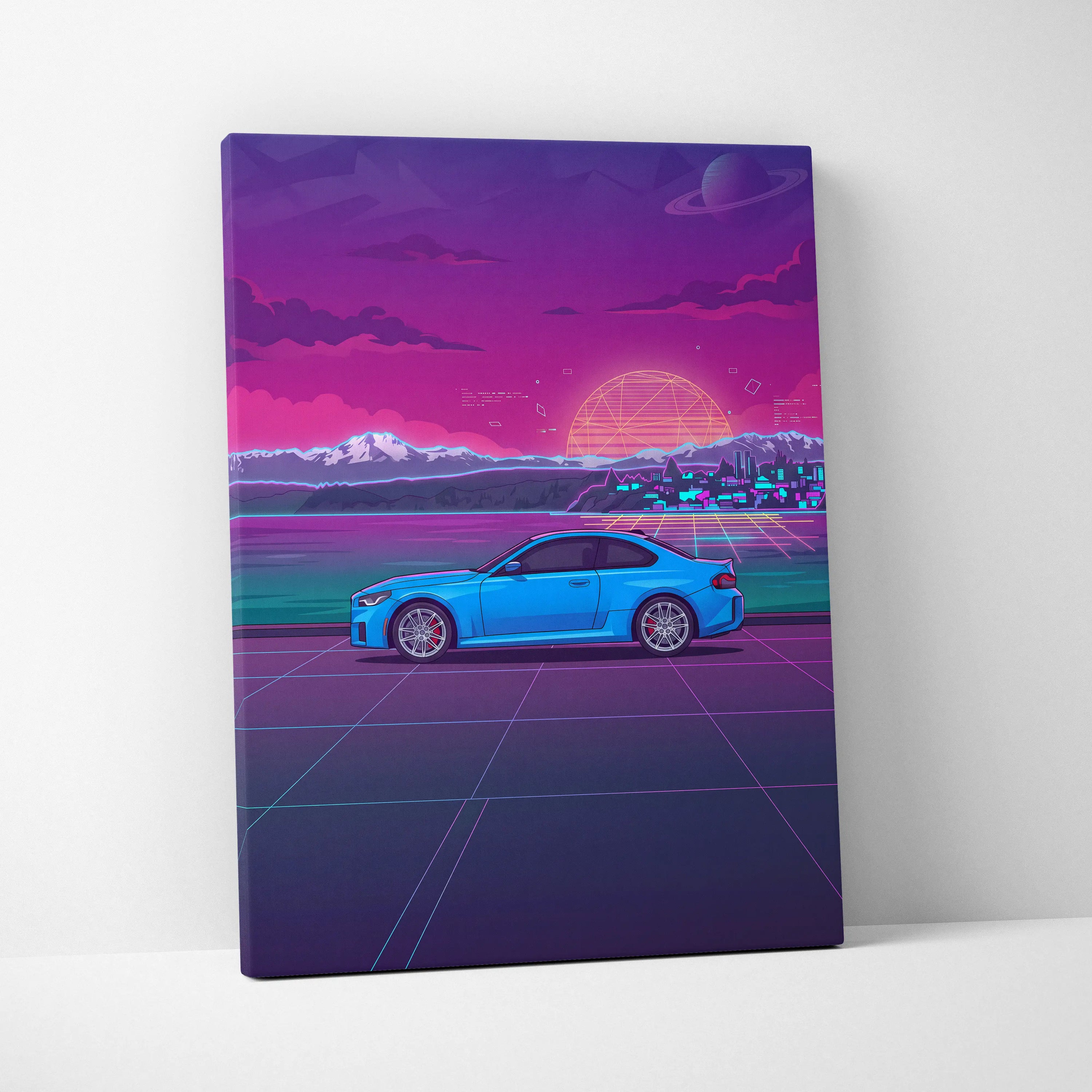 BMW M2 Inspired Vaporwave Car Canvas - Car Neon Purple Pink Blue Living Room Vaporwave Nostalgic Neon Glow Cityscape Grid Canvas Print