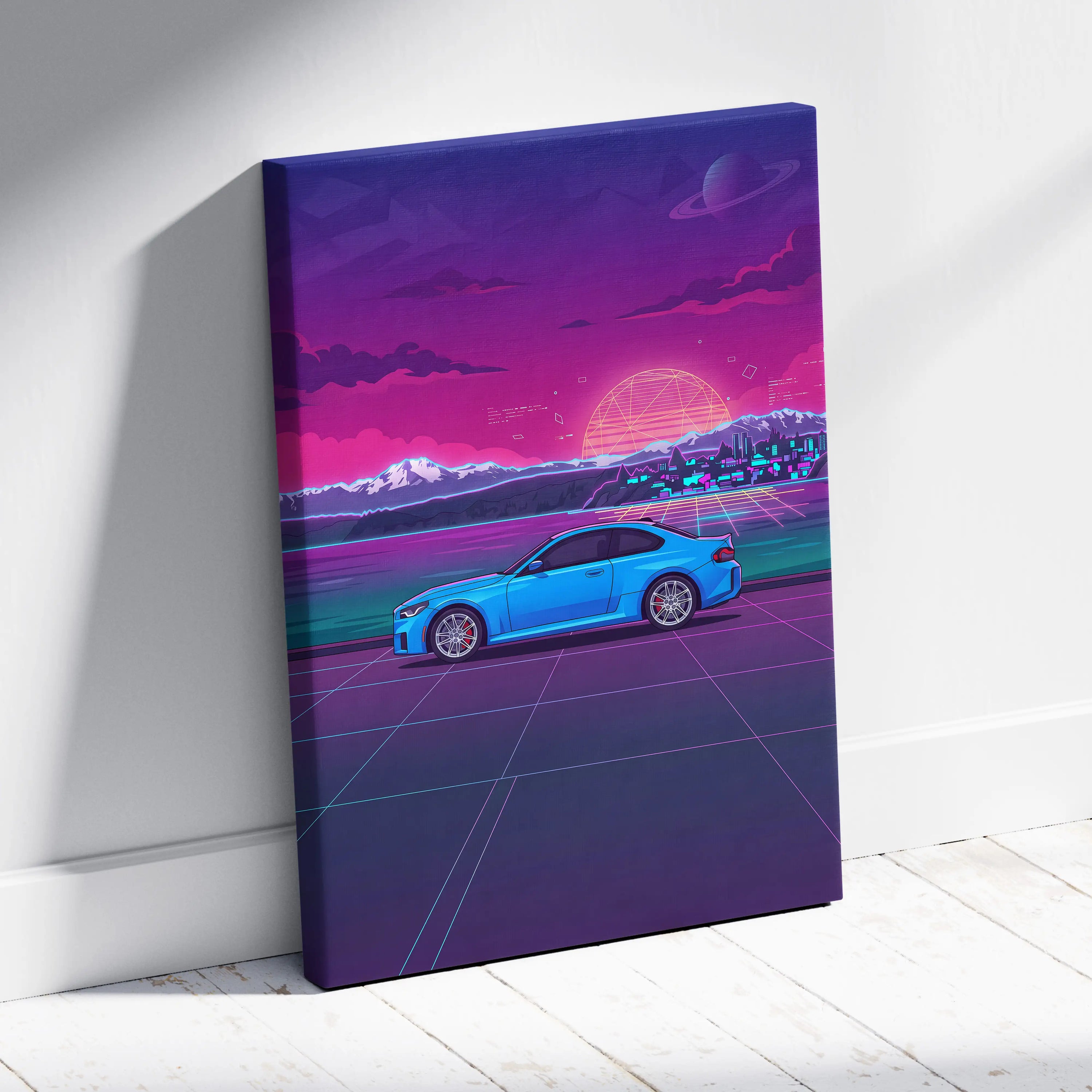 BMW M2 Inspired Vaporwave Car Canvas - Car Neon Purple Pink Blue Living Room Vaporwave Nostalgic Neon Glow Cityscape Grid Canvas Print