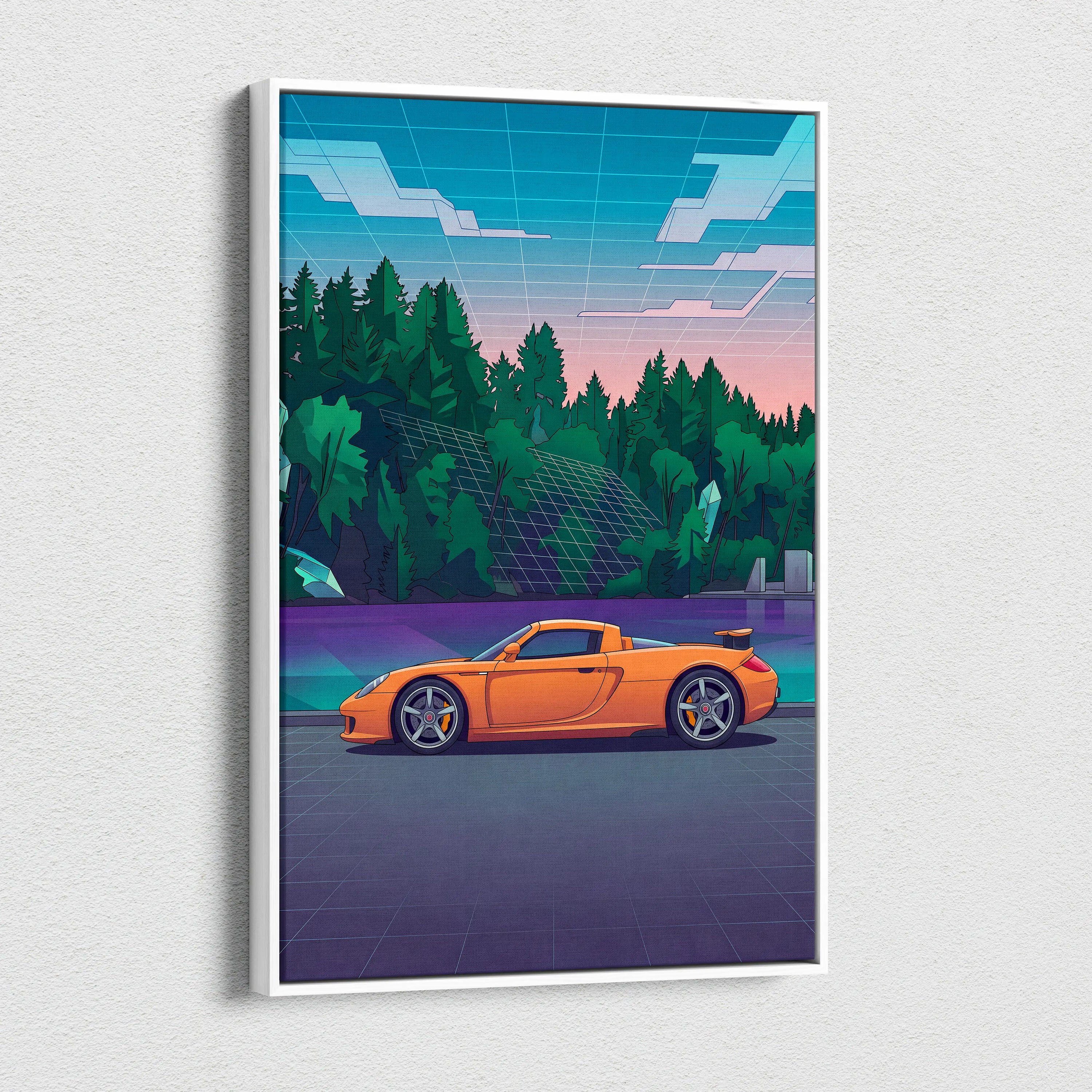 Porsche Carrera GT Inspired Vaporwave Car Canvas - Car Artwork Neon Blues Pinks Living Room Vaporwave Retro Futurism