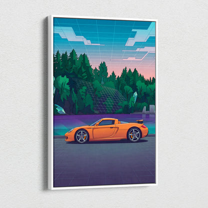 Porsche Carrera GT Inspired Vaporwave Car Canvas - Car Artwork Neon Blues Pinks Living Room Vaporwave Retro Futurism