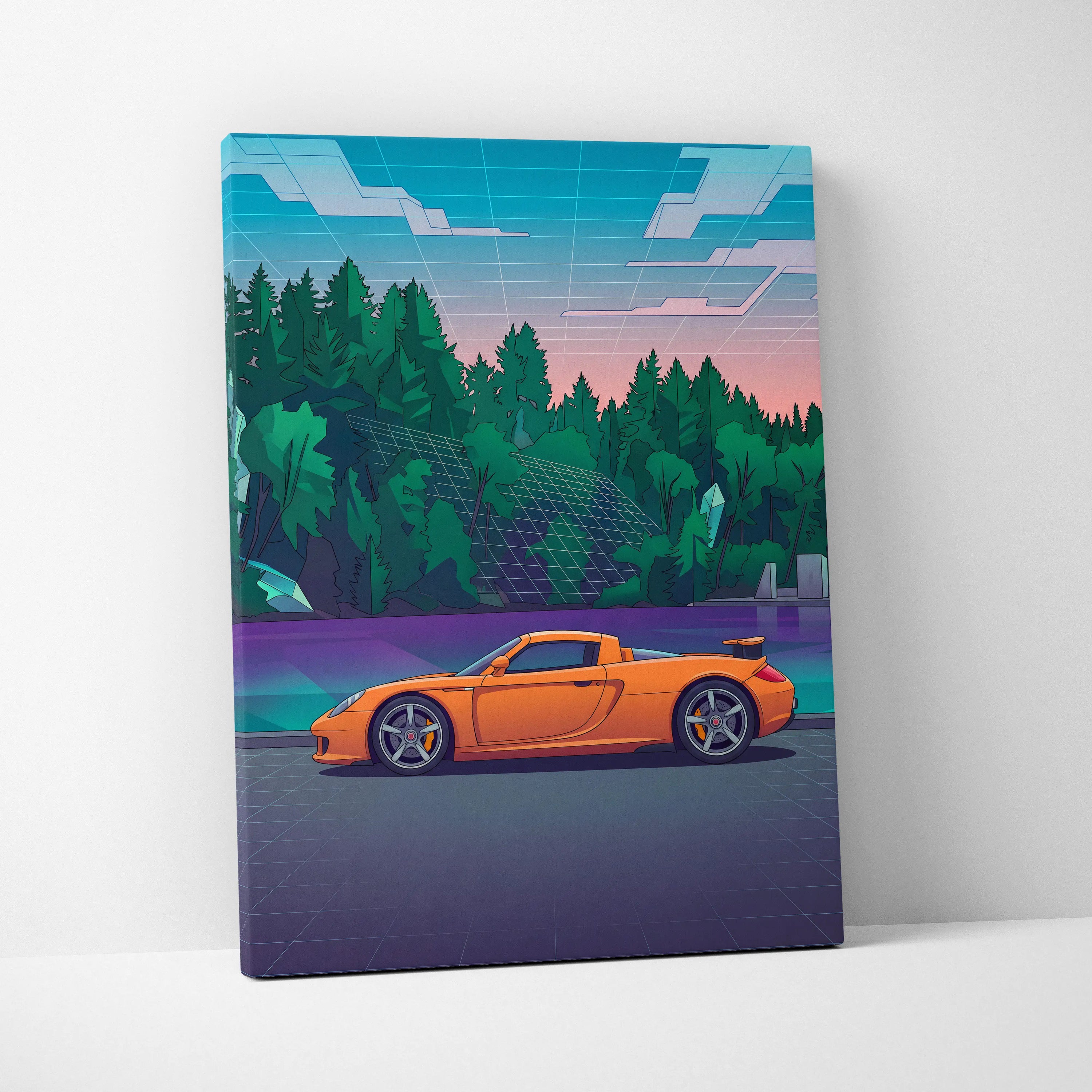 Porsche Carrera GT Inspired Vaporwave Car Canvas - Car Artwork Neon Blues Pinks Living Room Vaporwave Retro Futurism
