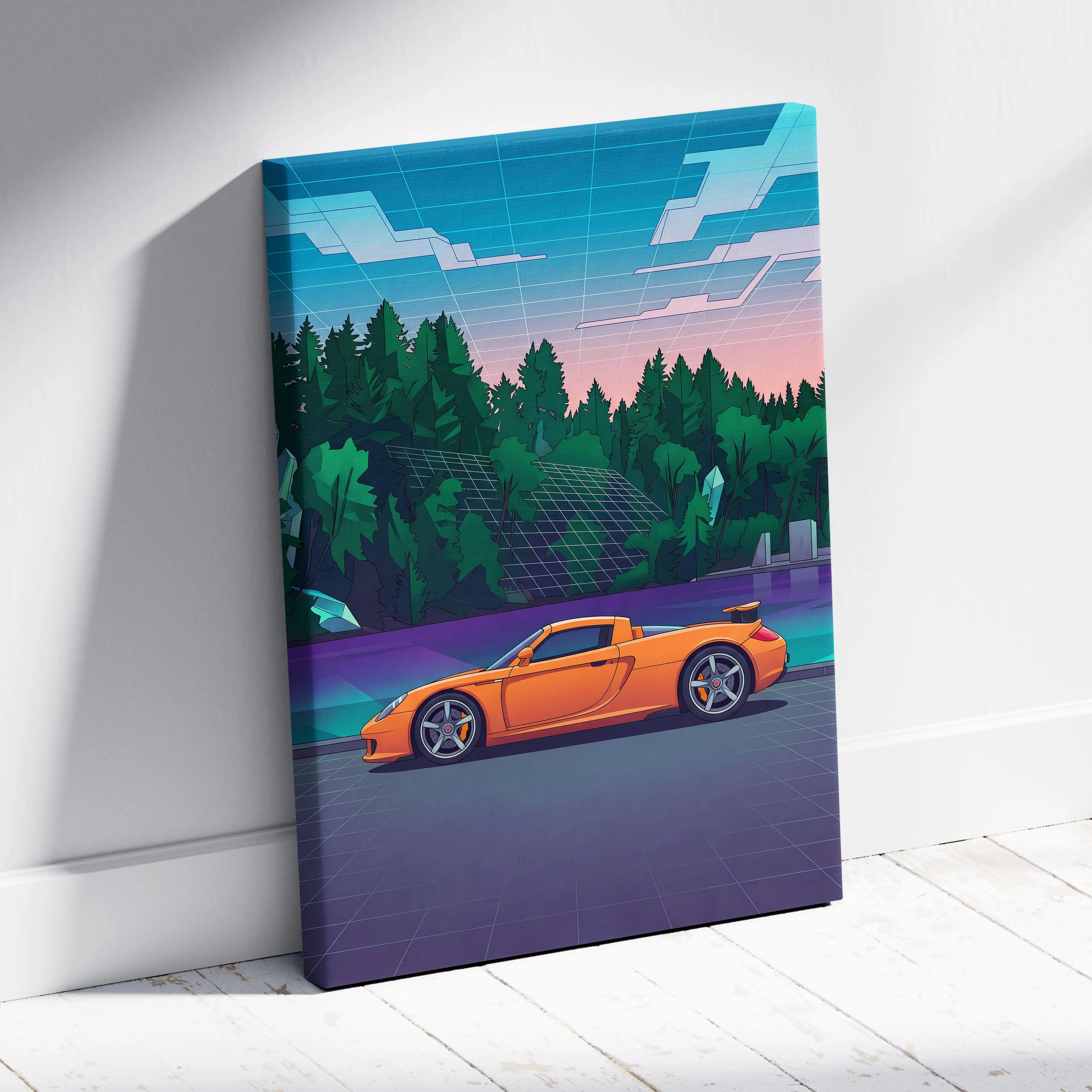Porsche Carrera GT Inspired Vaporwave Car Canvas - Car Artwork Neon Blues Pinks Living Room Vaporwave Retro Futurism