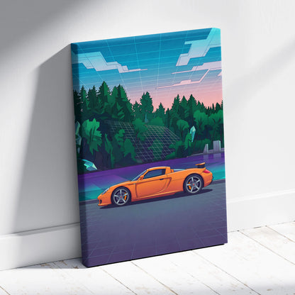 Porsche Carrera GT Inspired Vaporwave Car Canvas - Car Artwork Neon Blues Pinks Living Room Vaporwave Retro Futurism