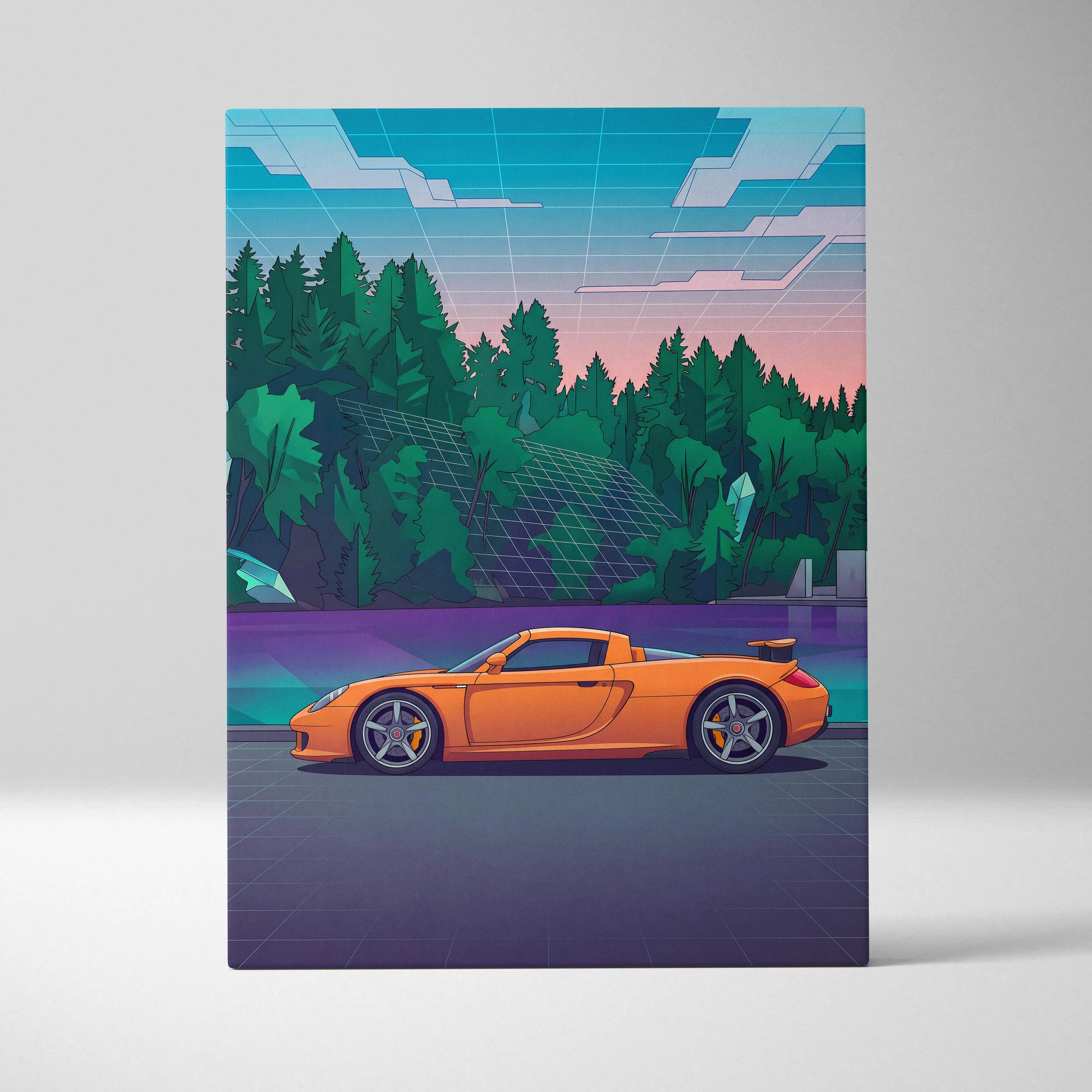 Porsche Carrera GT Inspired Vaporwave Car Canvas - Car Artwork Neon Blues Pinks Living Room Vaporwave Retro Futurism
