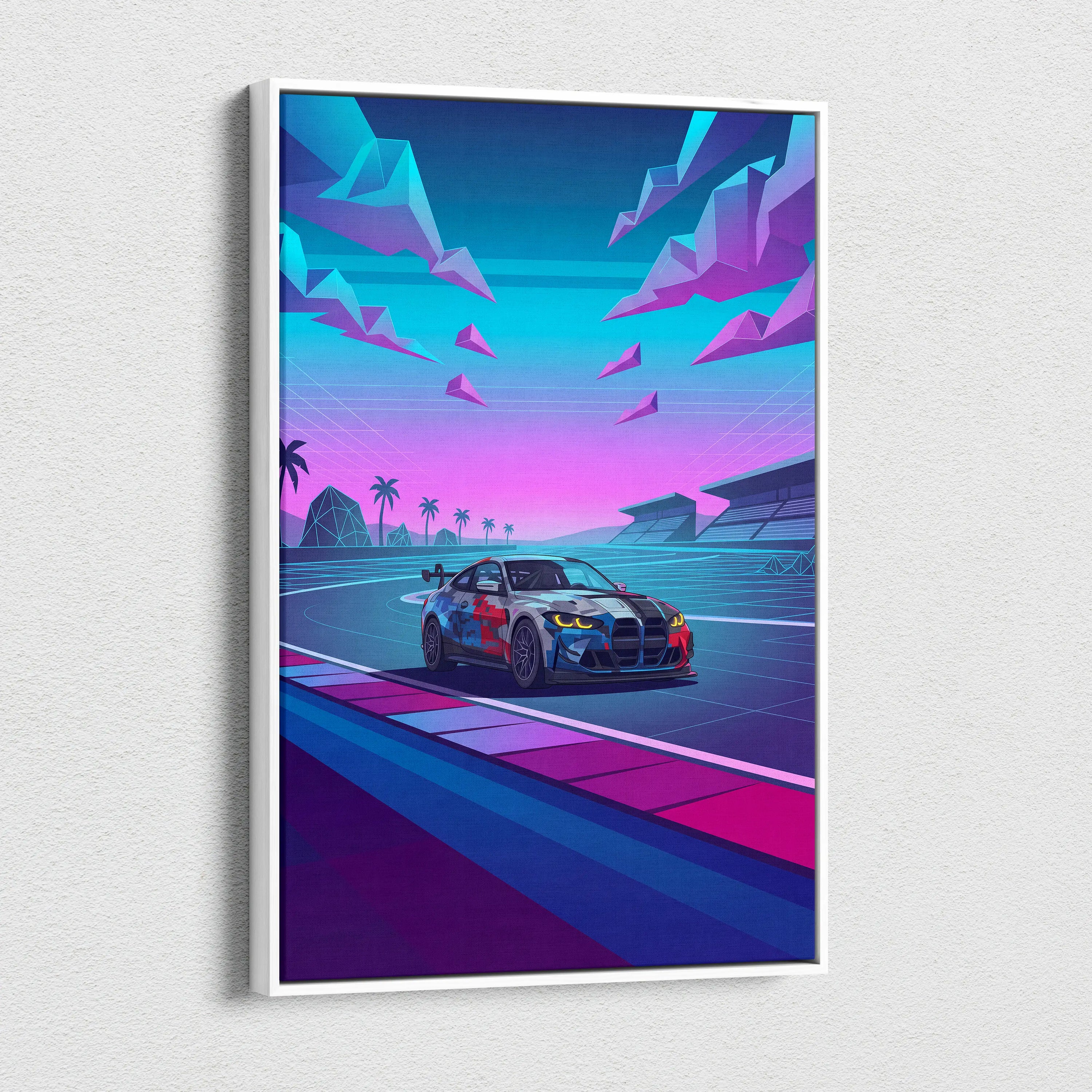 BMW M4 GT3 EVO Inspired Vaporwave Car Canvas - Vaporwave Neon Car Pink Blue Living Room Retro Futurist Dreamy Neon Mood Vaporwave Wall Art