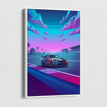 BMW M4 GT3 EVO Inspired Vaporwave Car Canvas - Vaporwave Neon Car Pink Blue Living Room Retro Futurist Dreamy Neon Mood Vaporwave Wall Art