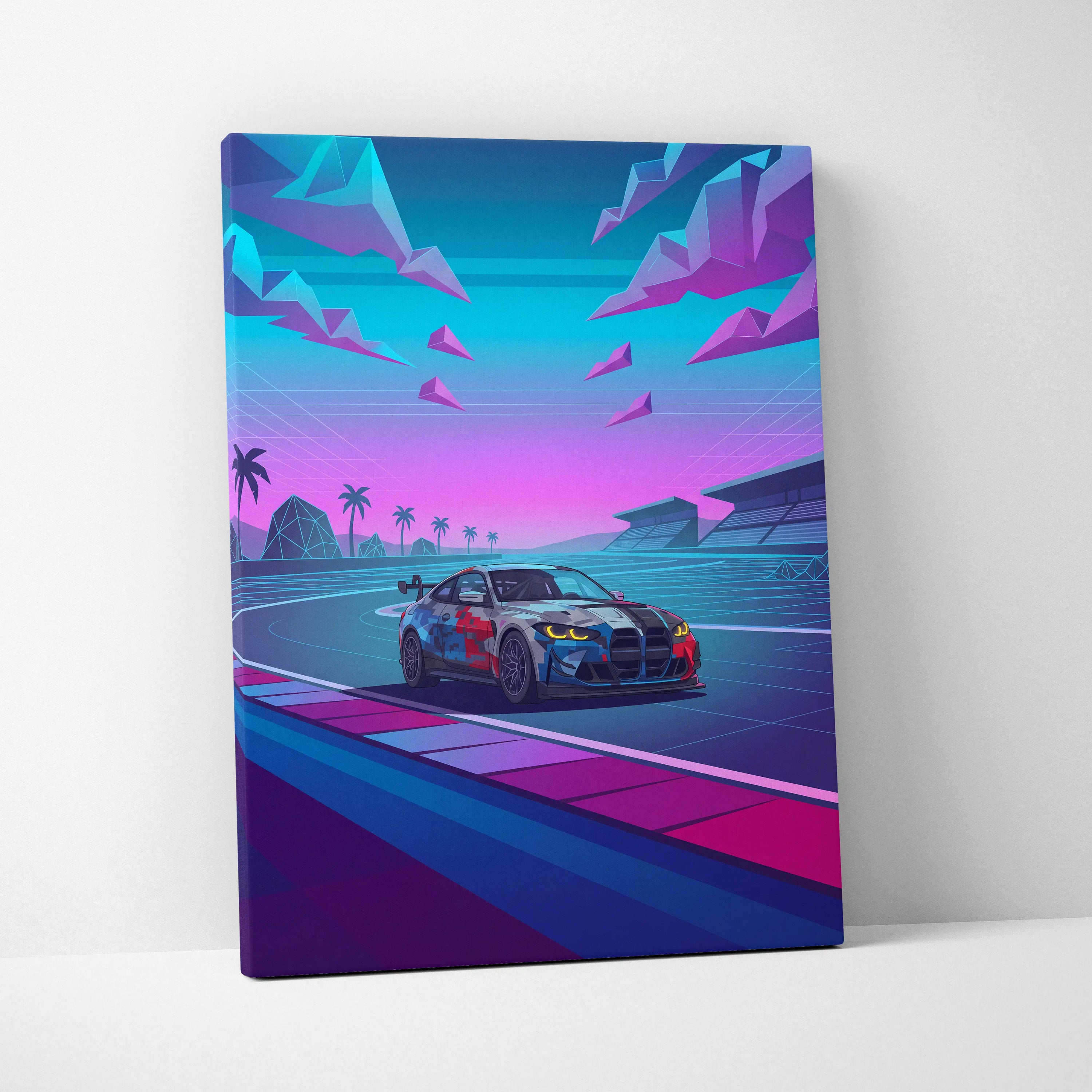 BMW M4 GT3 EVO Inspired Vaporwave Car Canvas - Vaporwave Neon Car Pink Blue Living Room Retro Futurist Dreamy Neon Mood Vaporwave Wall Art