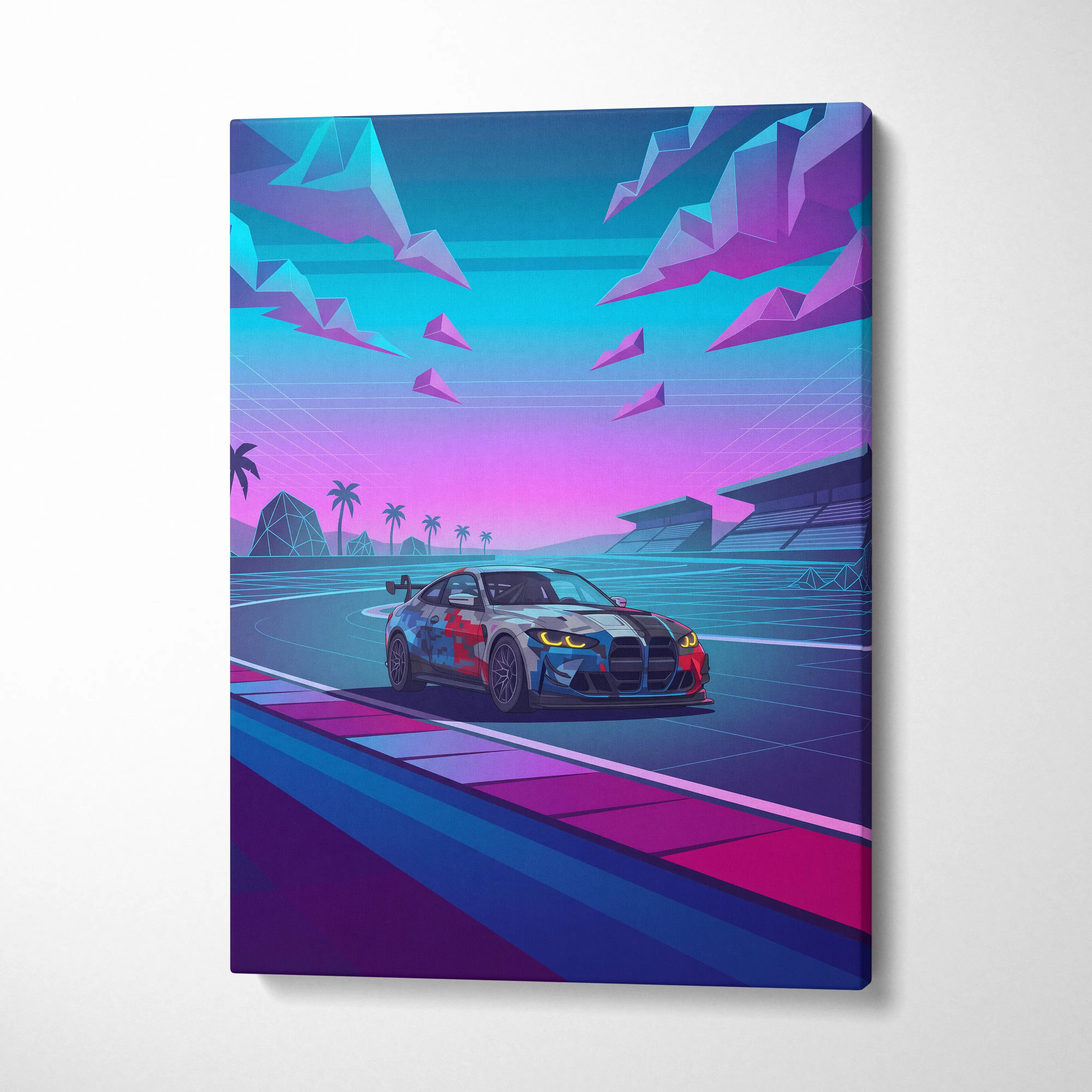 BMW M4 GT3 EVO Inspired Vaporwave Car Canvas - Vaporwave Neon Car Pink Blue Living Room Retro Futurist Dreamy Neon Mood Vaporwave Wall Art
