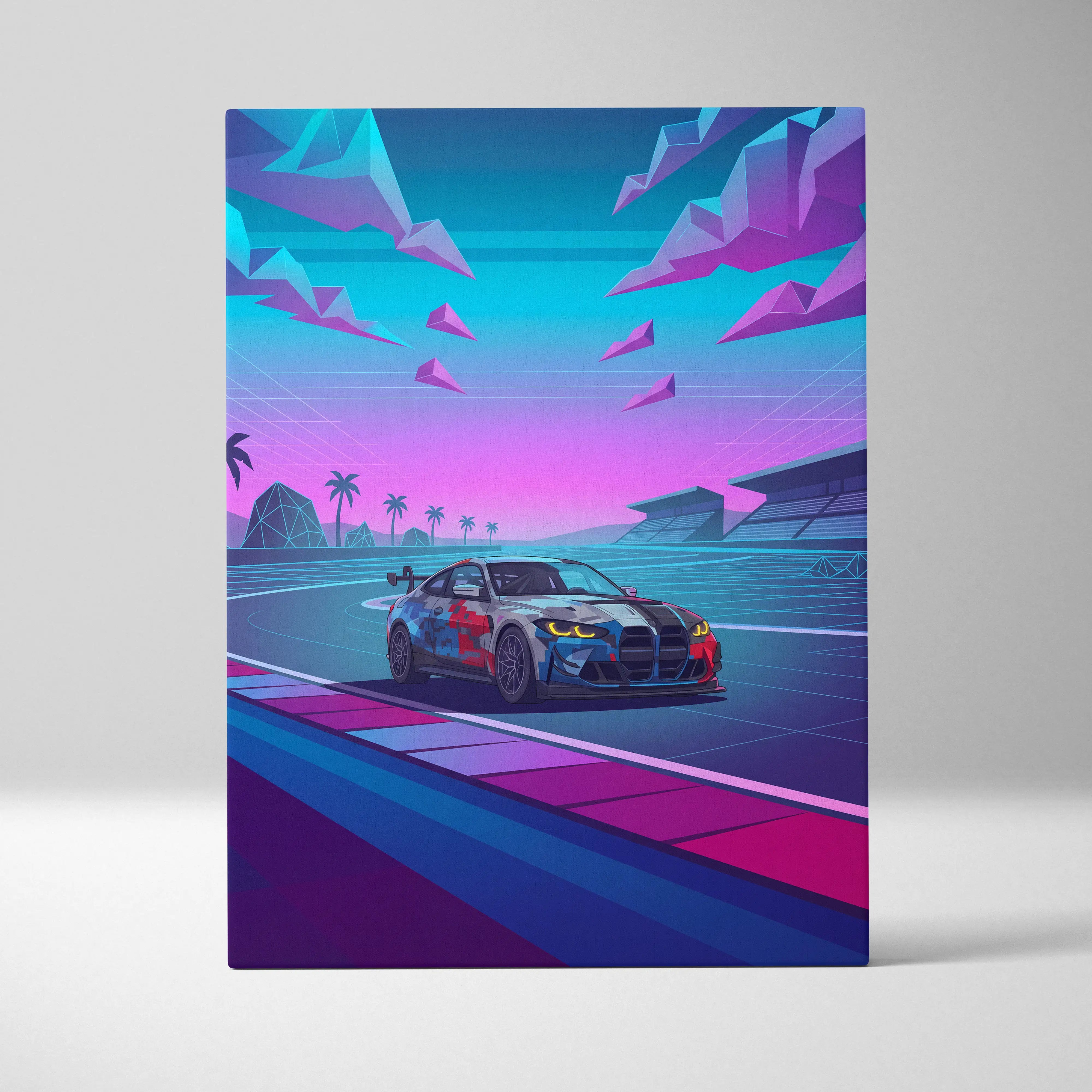 BMW M4 GT3 EVO Inspired Vaporwave Car Canvas - Vaporwave Neon Car Pink Blue Living Room Retro Futurist Dreamy Neon Mood Vaporwave Wall Art