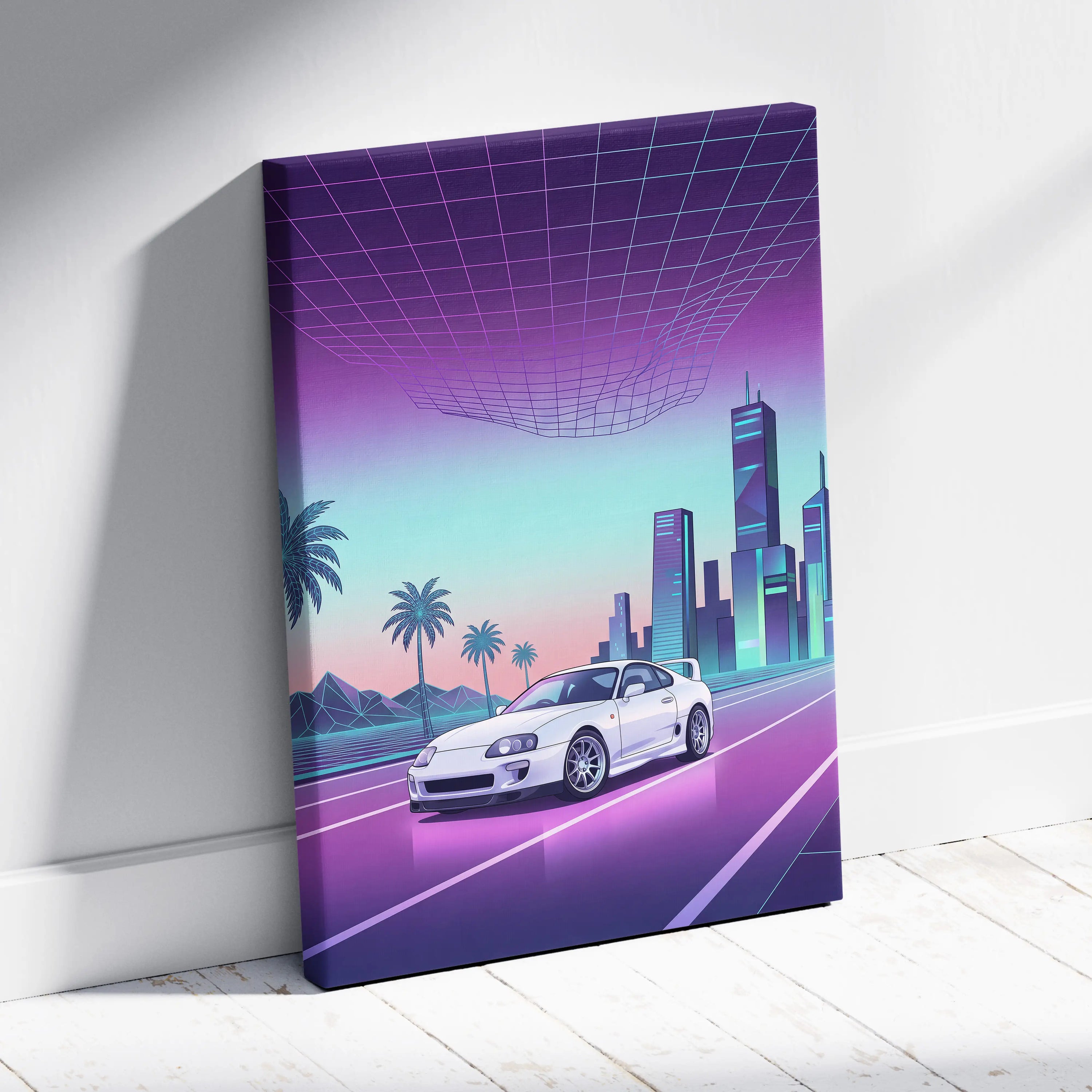 Mk4 Toyota Supra Inspired Vaporwave Car Canvas - Vaporwave Car Purple Teal Living Room Retro Futurism Nostalgic Energy Vaporwave Canvas Print