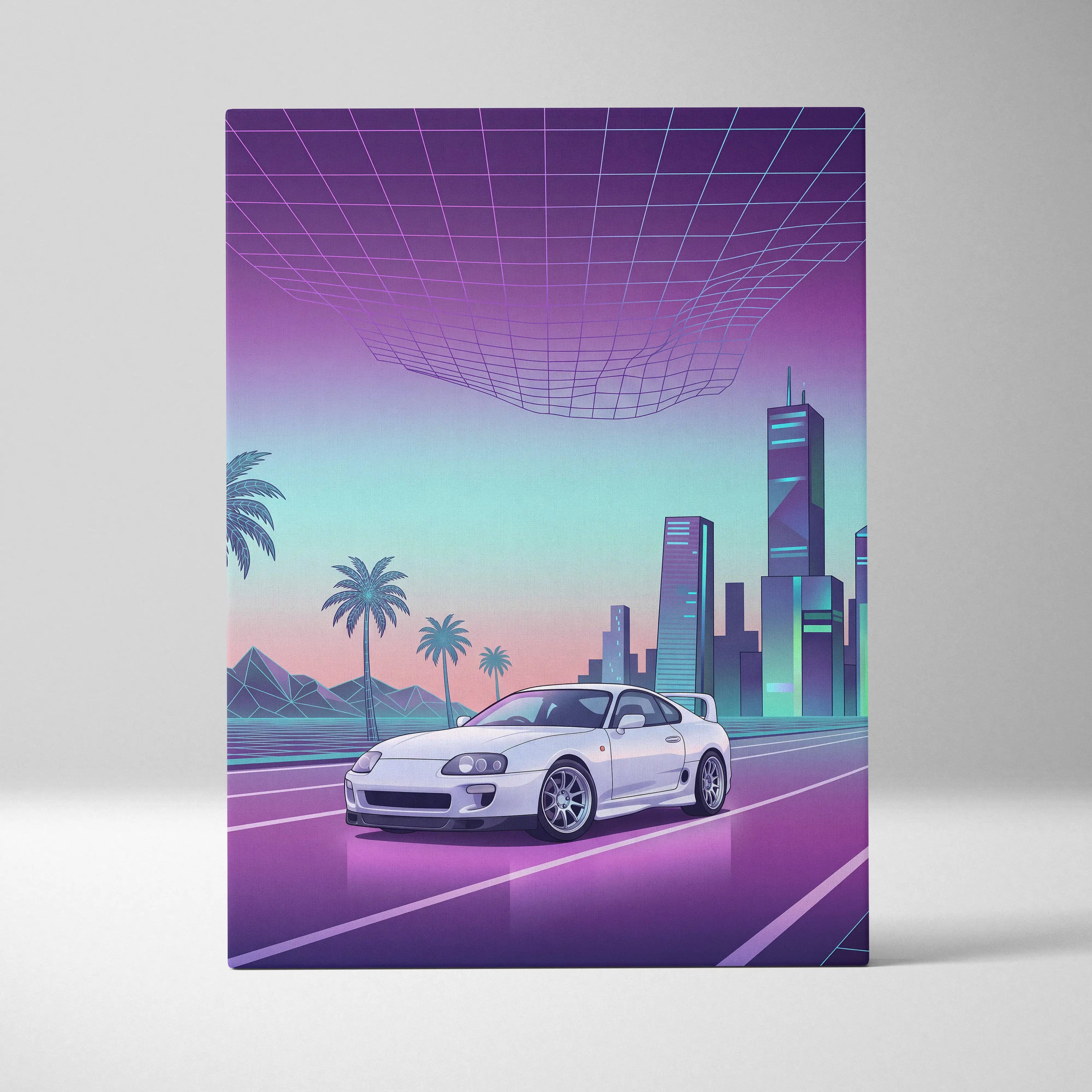 Mk4 Toyota Supra Inspired Vaporwave Car Canvas - Vaporwave Car Purple Teal Living Room Retro Futurism Nostalgic Energy Vaporwave Canvas Print