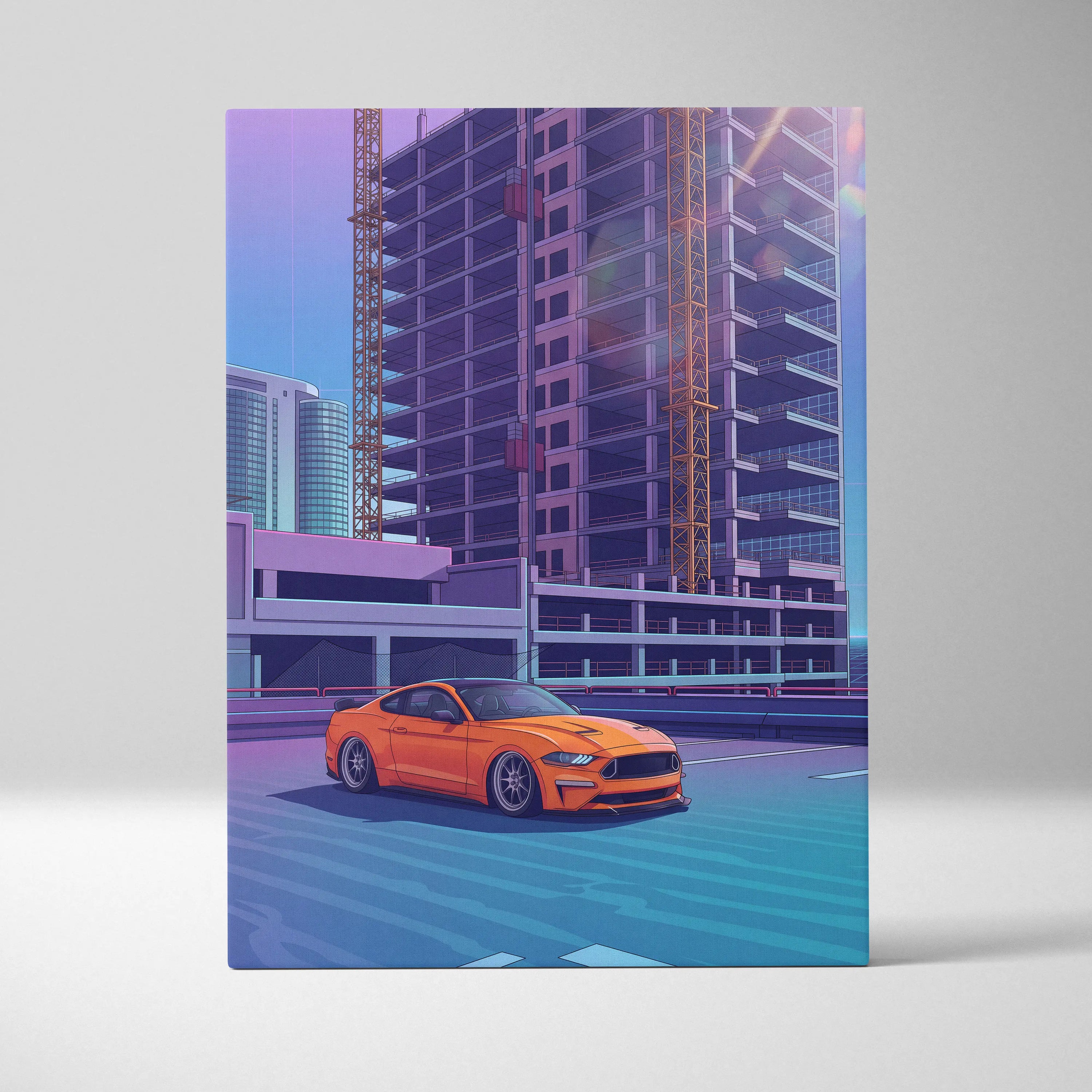 Ford Mustang Inspired Orange Blue Canvas Wall Art, Vaporwave Muscle Car Artwork, Neon City Garage Decor, Retro Futuristic Auto Print