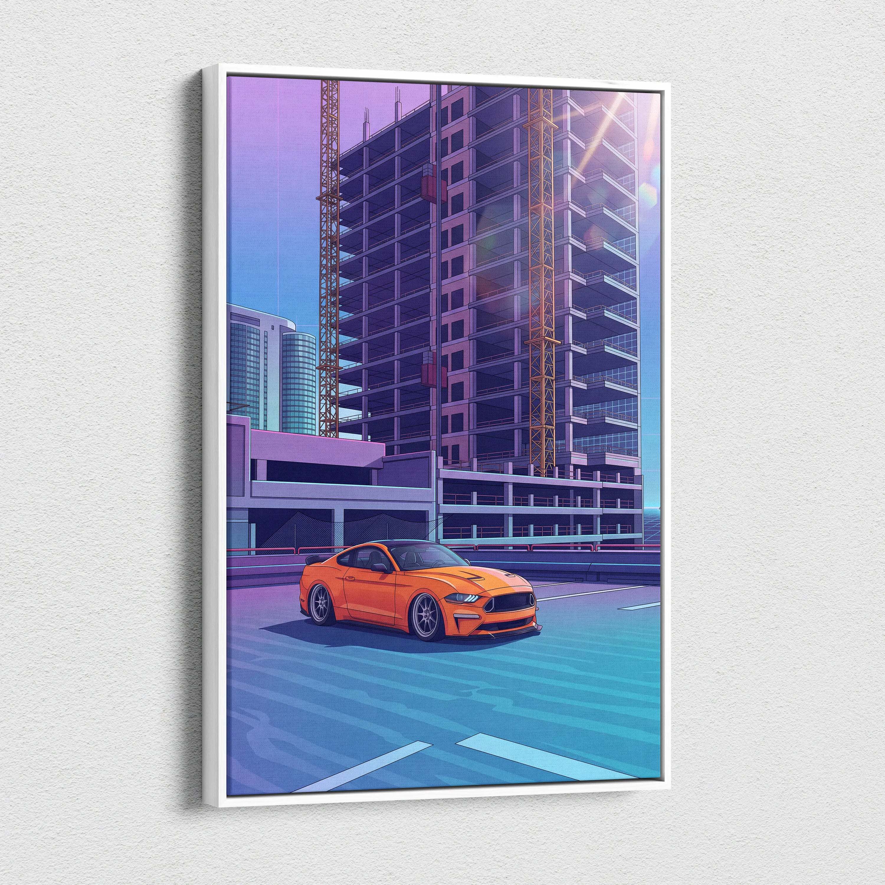 Ford Mustang Inspired Orange Blue Canvas Wall Art, Vaporwave Muscle Car Artwork, Neon City Garage Decor, Retro Futuristic Auto Print