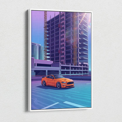 Ford Mustang Inspired Orange Blue Canvas Wall Art, Vaporwave Muscle Car Artwork, Neon City Garage Decor, Retro Futuristic Auto Print