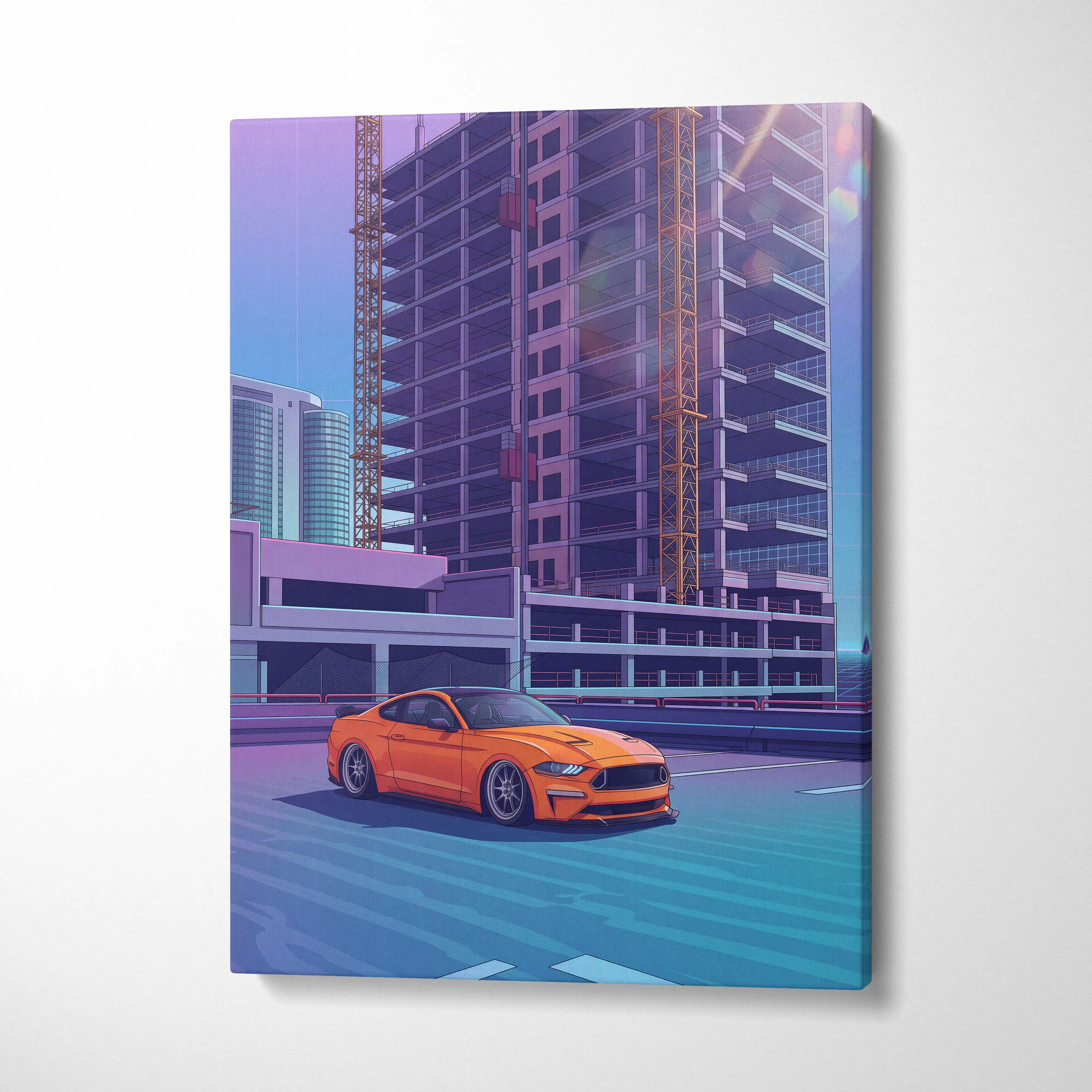 Ford Mustang Inspired Orange Blue Canvas Wall Art, Vaporwave Muscle Car Artwork, Neon City Garage Decor, Retro Futuristic Auto Print