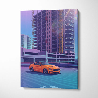 Ford Mustang Inspired Orange Blue Canvas Wall Art, Vaporwave Muscle Car Artwork, Neon City Garage Decor, Retro Futuristic Auto Print