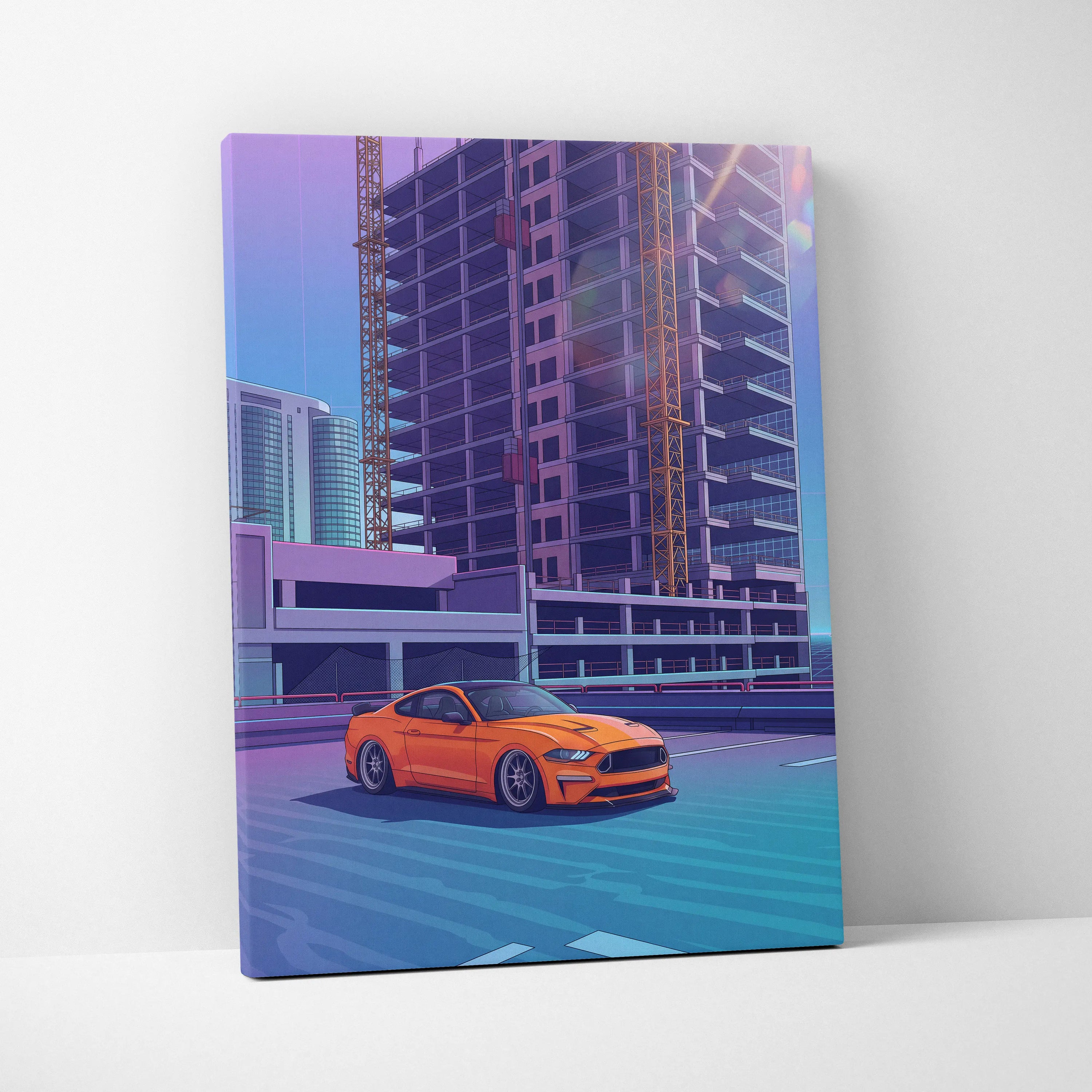 Ford Mustang Inspired Orange Blue Canvas Wall Art, Vaporwave Muscle Car Artwork, Neon City Garage Decor, Retro Futuristic Auto Print