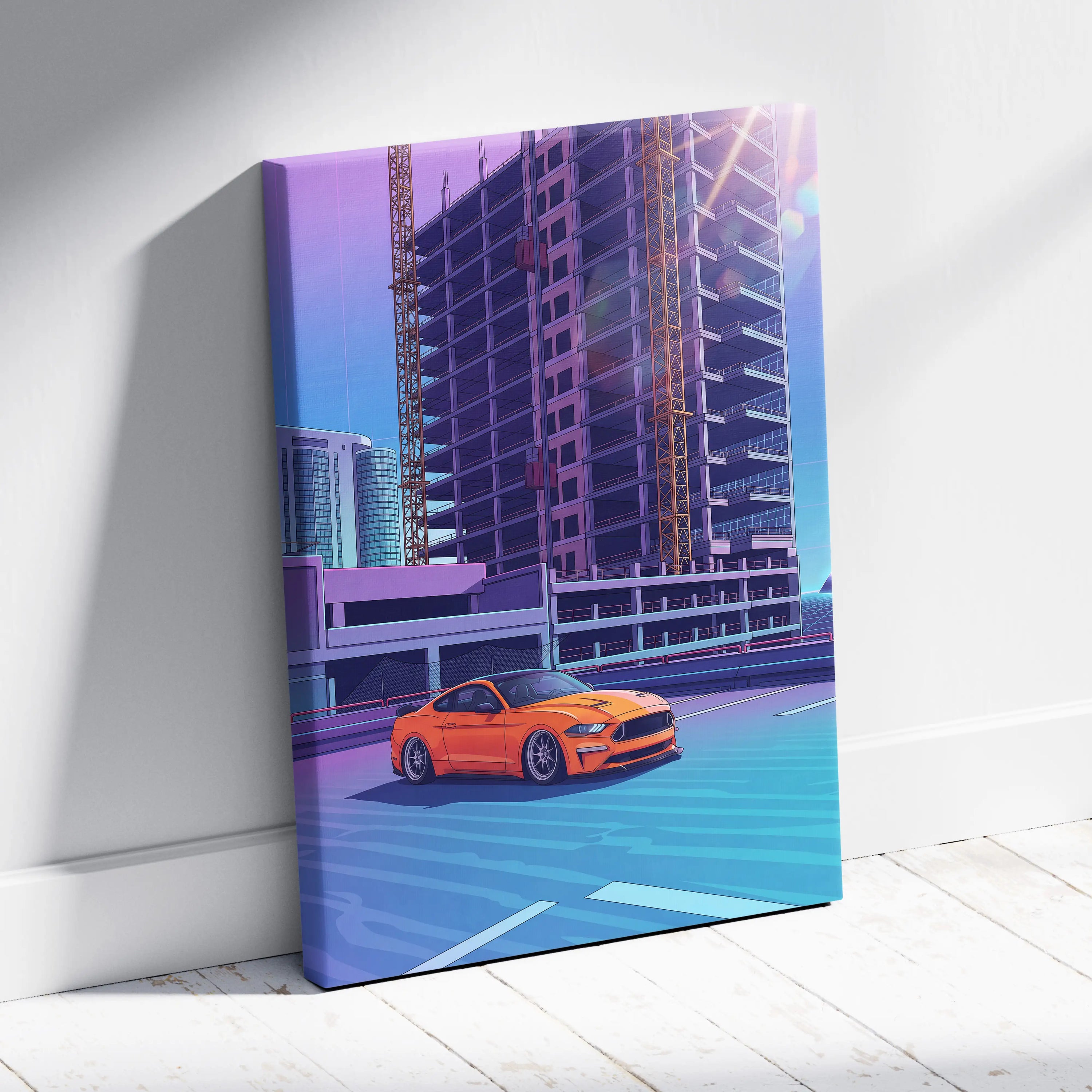 Ford Mustang Inspired Orange Blue Canvas Wall Art, Vaporwave Muscle Car Artwork, Neon City Garage Decor, Retro Futuristic Auto Print