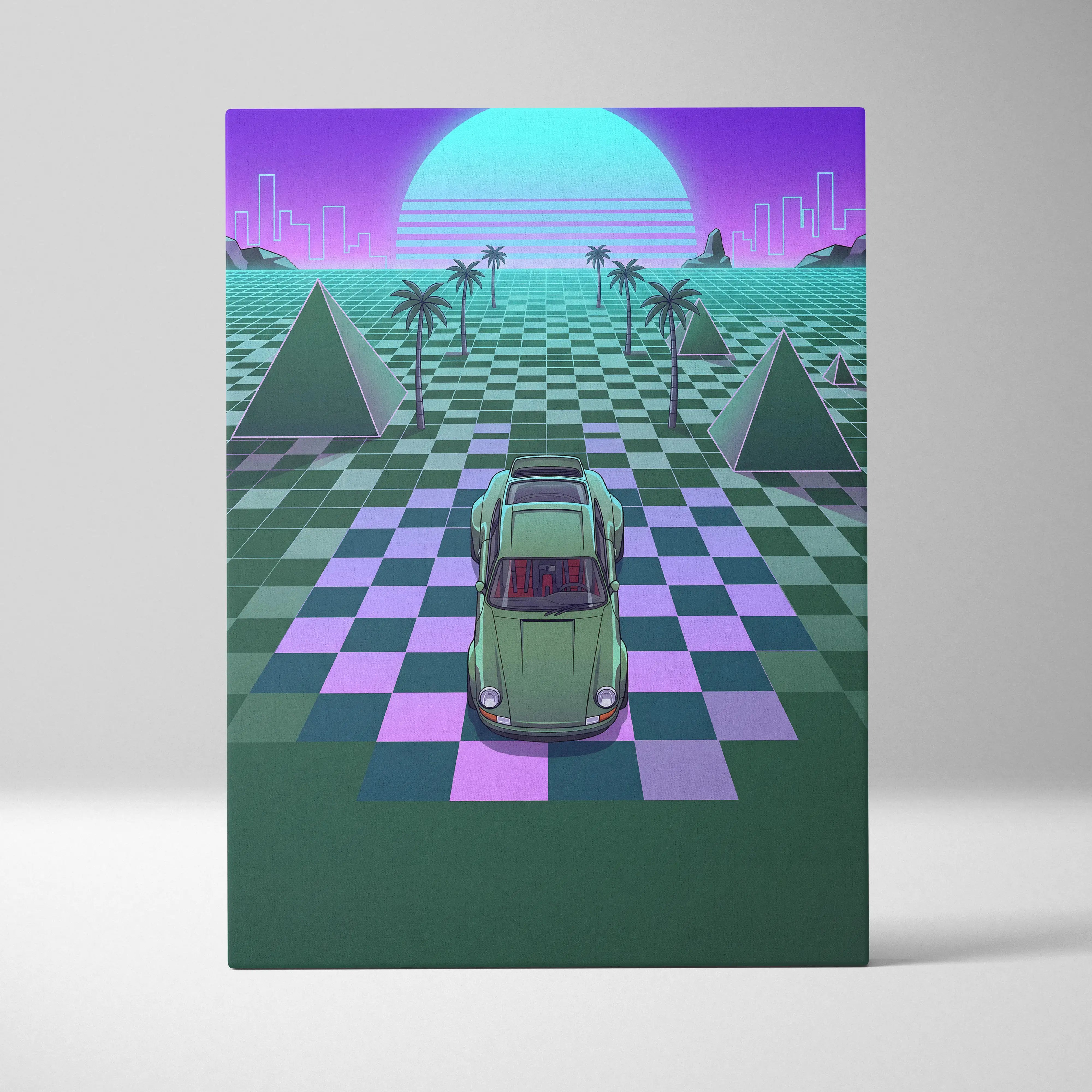Porsche 911 classic turbo inspired green sports car with red interior on neon grid canvas wall art print