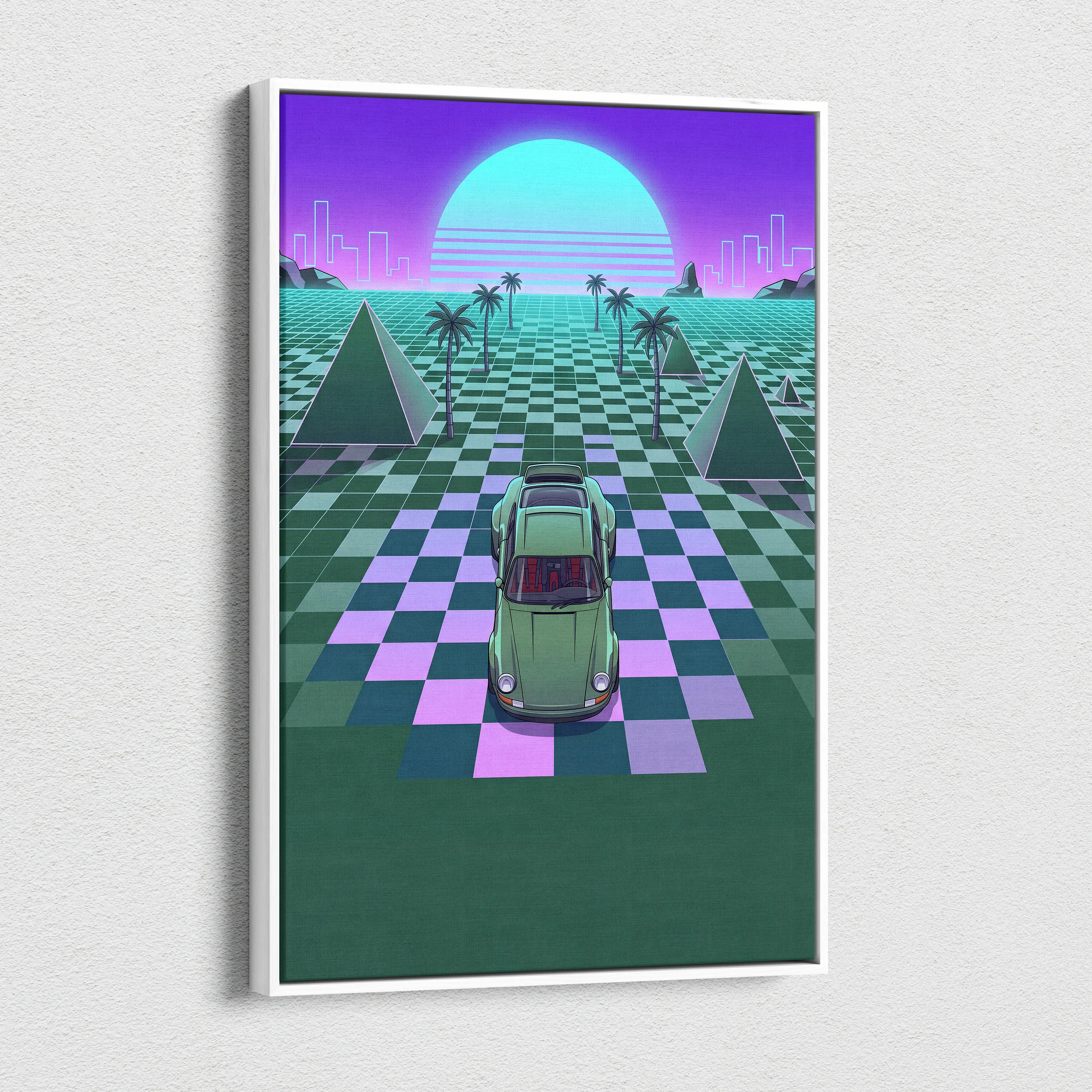 Porsche 911 Classic Turbo Inspired Green Purple Canvas Wall Art, Vaporwave Sports Car Artwork, Neon Grid Garage Decor, Retro Futuristic Auto Print