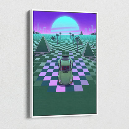 Porsche 911 Classic Turbo Inspired Green Purple Canvas Wall Art, Vaporwave Sports Car Artwork, Neon Grid Garage Decor, Retro Futuristic Auto Print