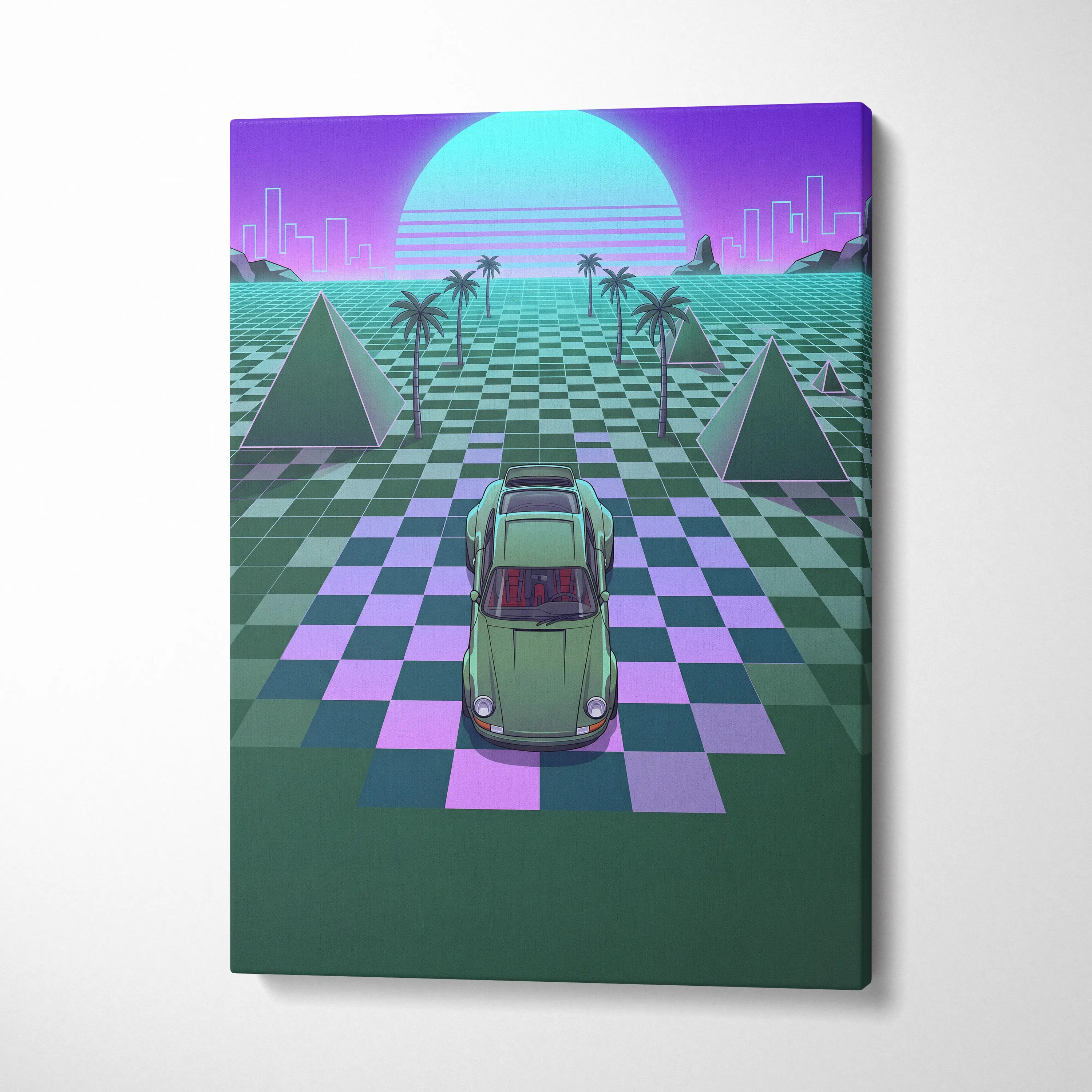 Porsche 911 Classic Turbo Inspired Green Purple Canvas Wall Art, Vaporwave Sports Car Artwork, Neon Grid Garage Decor, Retro Futuristic Auto Print