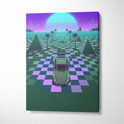 Porsche 911 Classic Turbo Inspired Green Purple Canvas Wall Art, Vaporwave Sports Car Artwork, Neon Grid Garage Decor, Retro Futuristic Auto Print