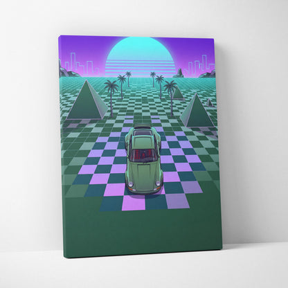 Porsche 911 Classic Turbo Inspired Green Purple Canvas Wall Art, Vaporwave Sports Car Artwork, Neon Grid Garage Decor, Retro Futuristic Auto Print