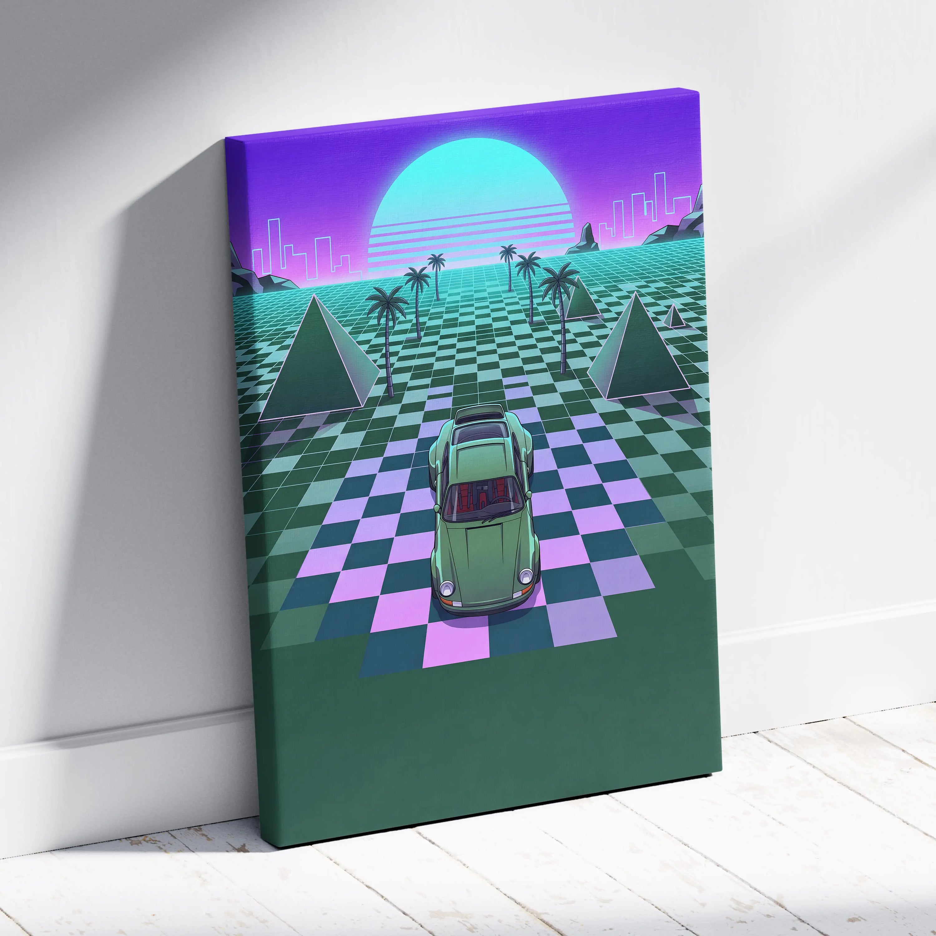 Porsche 911 Classic Turbo Inspired Green Purple Canvas Wall Art, Vaporwave Sports Car Artwork, Neon Grid Garage Decor, Retro Futuristic Auto Print