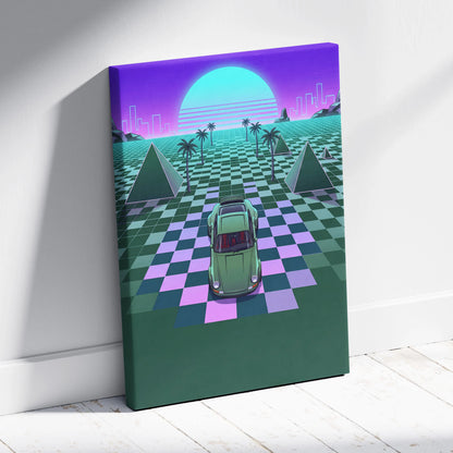 Porsche 911 Classic Turbo Inspired Green Purple Canvas Wall Art, Vaporwave Sports Car Artwork, Neon Grid Garage Decor, Retro Futuristic Auto Print