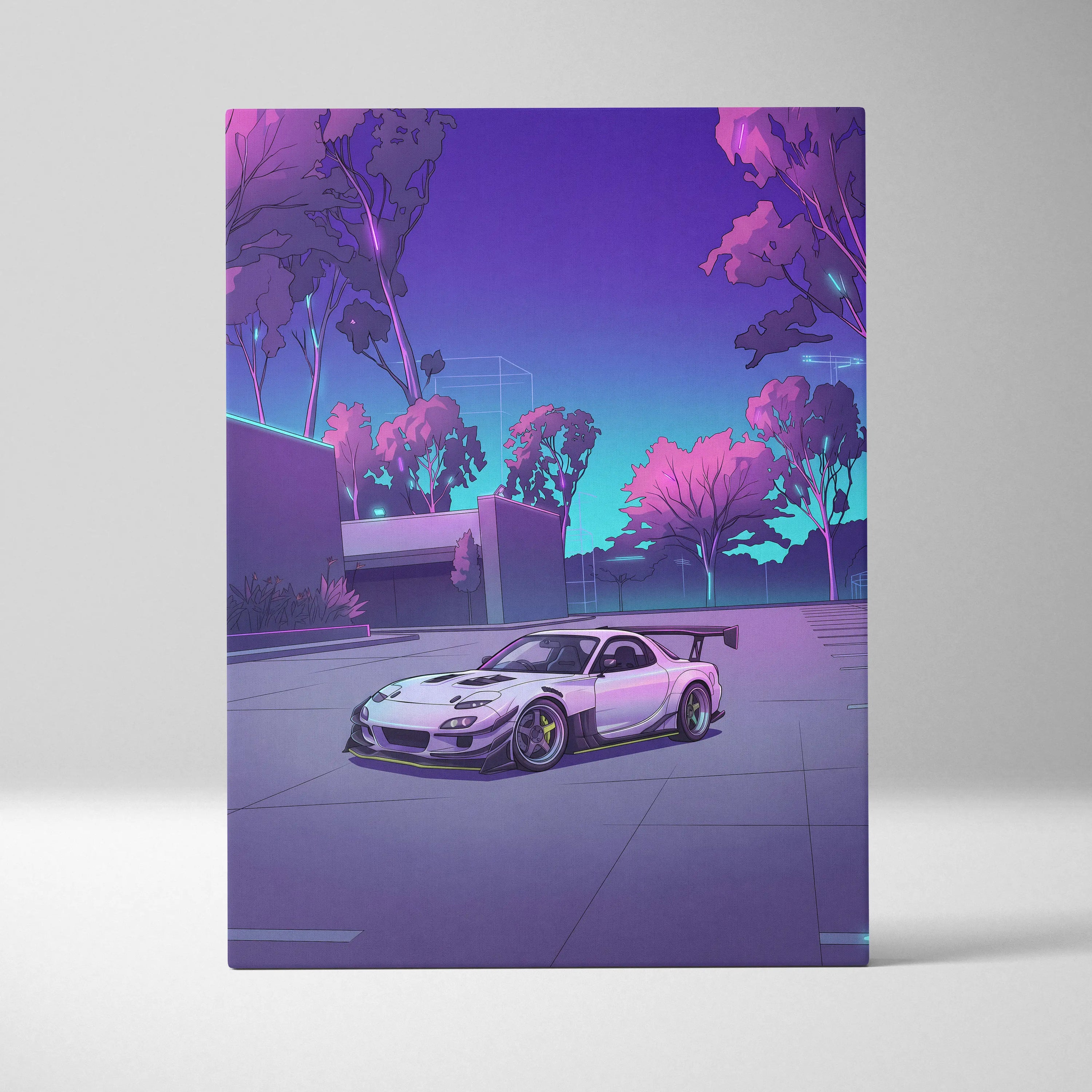 Mazda RX-7 Inspired White Purple Canvas Wall Art, Vaporwave JDM Sports Car Artwork, Neon Grid Garage Decor, Retro Futuristic Auto Print