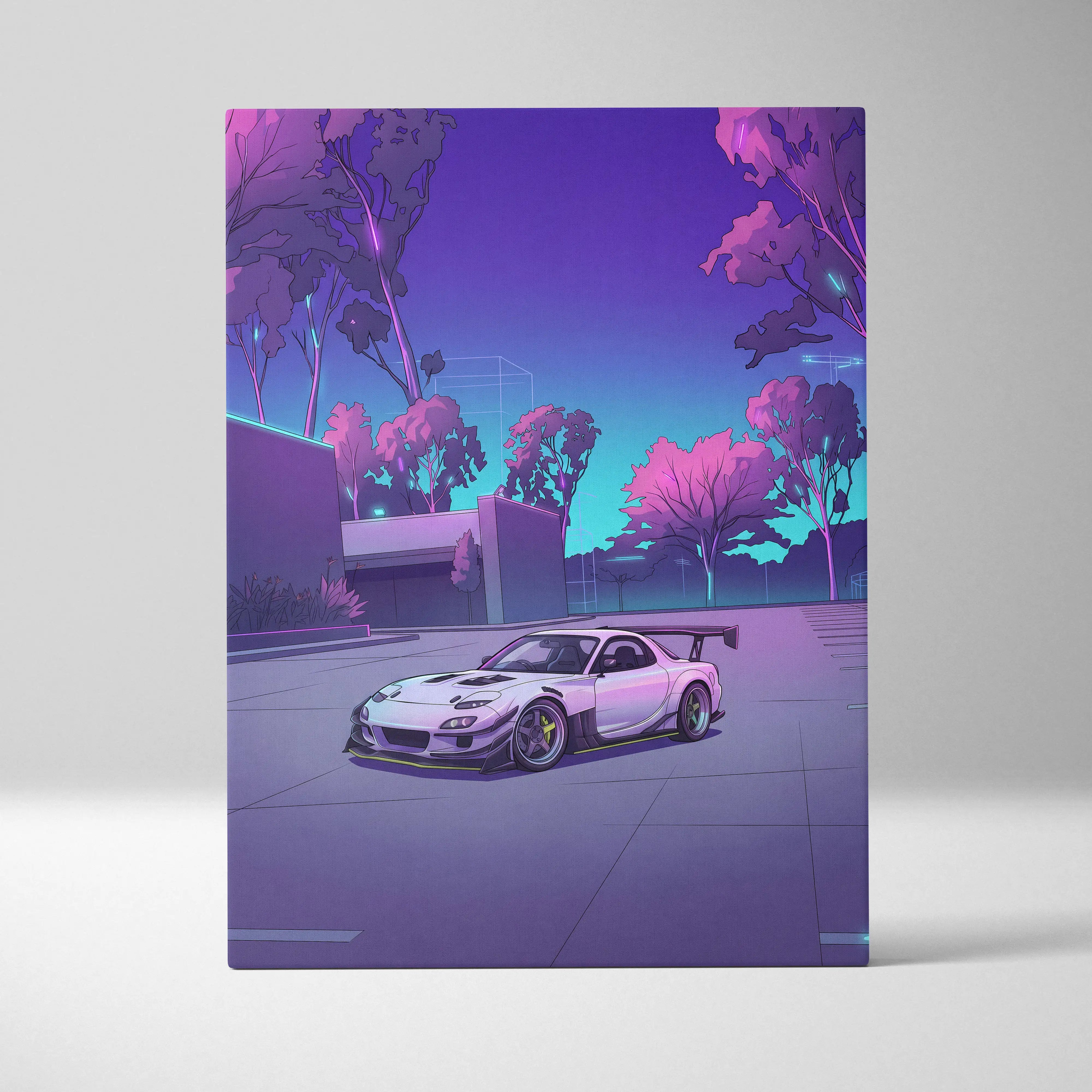 Nissan skyline r32 gt-r neon art print of white sports car with purple pink accents under cyberpunk sky on canvas wall art